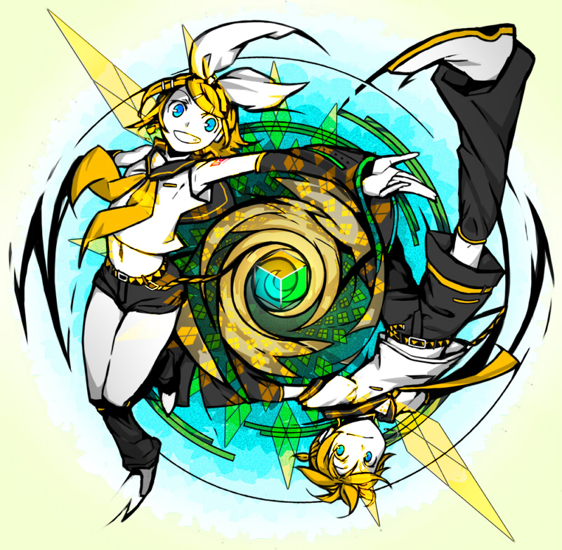 kahadu (kawazu), kagamine len, kagamine rin, vocaloid, bad id, bad pixiv id, 1boy, 1girl, abstract, blonde hair, brother and sister, green eyes, siblings, twins