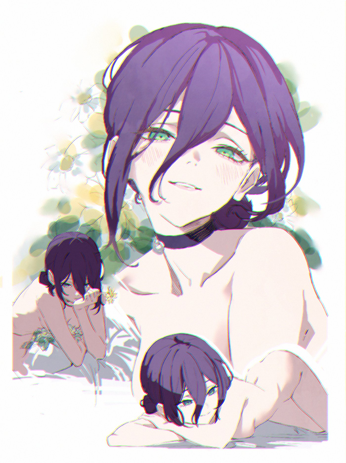 ddcc0123, reze (chainsaw man), chainsaw man, commentary, highres, 1girl, blush, choker, collarbone, completely nude, flower, green eyes, hair between eyes, head tilt, holding, holding flower, light smile, looking at viewer, looking to the side, lying, medium hair, multiple views, nude, on side, parted lips, purple choker, purple hair, simple background, white background