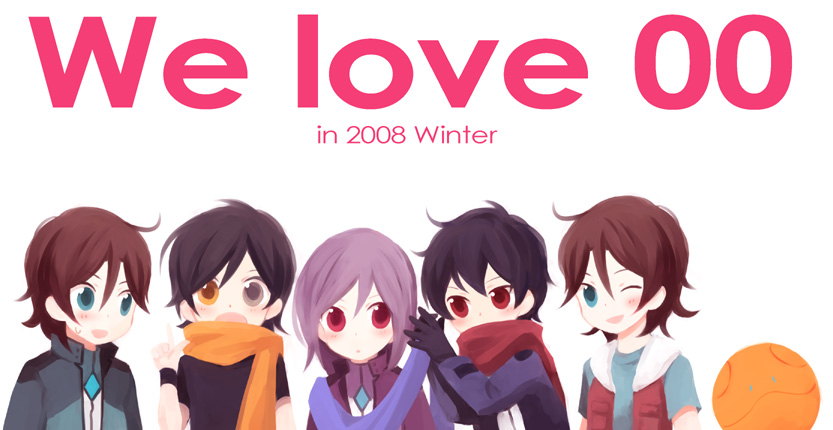 saya (artist), saya (sayaz), allelujah haptism, haro, lockon stratos, lyle dylandy, setsuna f. seiei, tieria erde, gundam, gundam 00, 00s, 5boys, heterochromia, multiple boys, one eye closed, scarf, wink