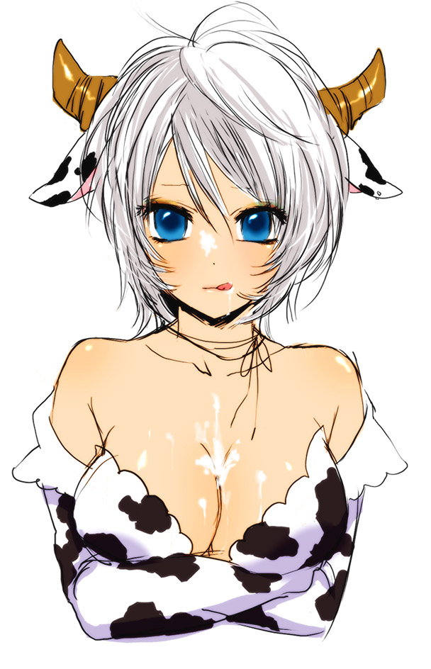 yokoyari mengo, bad id, bad pixiv id, 1girl, :q, animal ears, animal print, aqua eyes, bare shoulders, blue eyes, breasts, cleavage, cow ears, cow girl, cow print, cum, cum on body, cum on breasts, cum on upper body, female focus, horns, large breasts, short hair, solo, suggestive fluid, tongue, tongue out, white hair