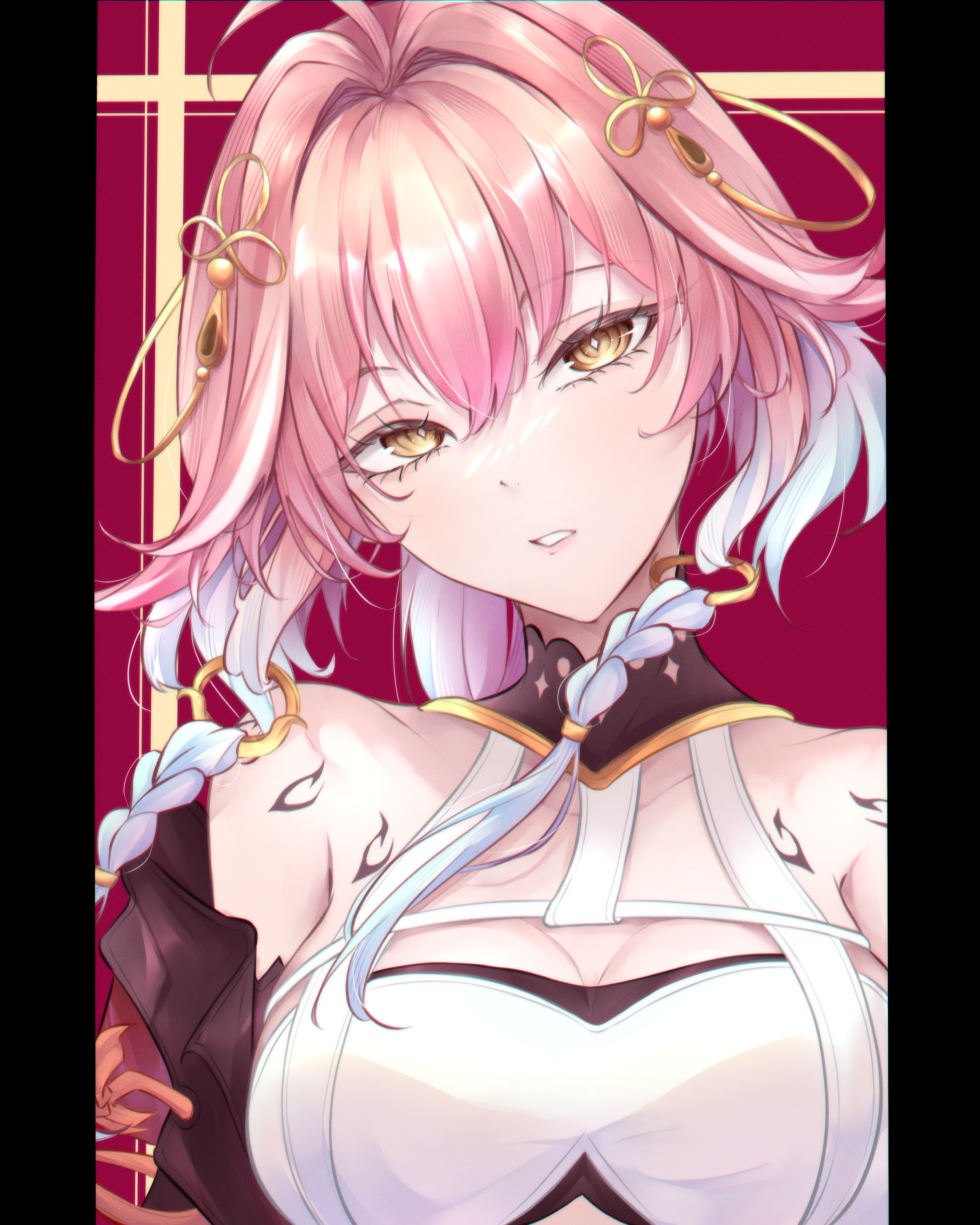 yukimatalng, changli (wuthering waves), wuthering waves, absurdres, commentary, english commentary, highres, 1girl, artist name, bare shoulders, black collar, body markings, braid, breasts, bright pupils, cleavage, collar, hair between eyes, hair extensions, hair ornament, halterneck, head tilt, instagram username, large breasts, letterboxed, long hair, looking at viewer, multicolored hair, parted lips, pink hair, portrait, ring hair extensions, solo, twin braids, two-tone hair, white hair, white pupils, yellow eyes