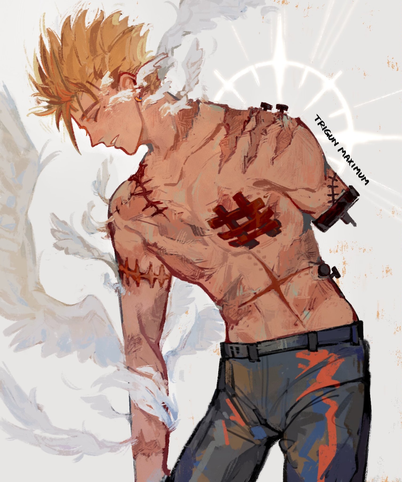 bourbonciely, vash the stampede, trigun, commentary, english commentary, highres, 1boy, amputee, armless amputee, blonde hair, closed eyes, collarbone, contrapposto, feathered wings, injury, male focus, missing limb, pants, parted lips, profile, scar, scar on arm, scar on chest, scar on shoulder, short hair, solo, teeth, toned, toned male, topless male, white wings, wings