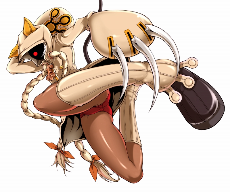 ina (gokihoihoi), taokaka, arc system works, blazblue, 1girl, animal ears, animal hood, ass, braid, cat hood, claws, dark-skinned female, dark skin, female focus, grin, hood, kicking, long hair, panties, pantyshot, smile, solo, twin braids, underwear