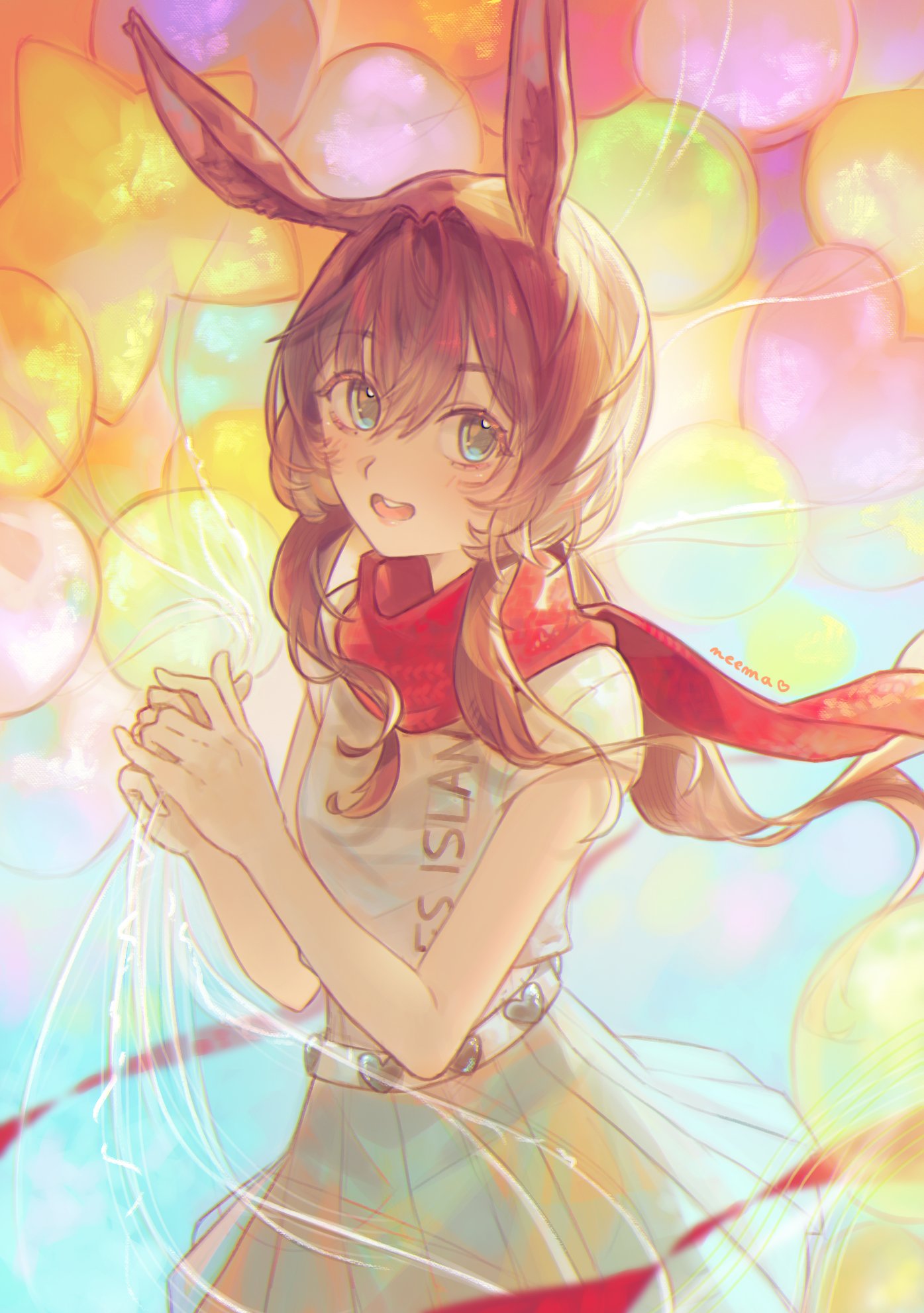 neema (oneemasan), amiya (arknights), arknights, highres, 1girl, animal ears, balloon, blue eyes, brown hair, cowboy shot, dress, looking at viewer, own hands together, red scarf, scarf, solo, white dress