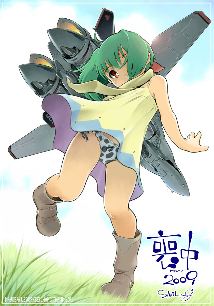sekihan, ranka lee, vf-25, macross, macross frontier, jet, bad id, bad pixiv id, highres, 00s, 1girl, aircraft, airplane, animal print, boots, cow print, dress, female focus, green hair, loli, mecha, panties, pantyshot, petite, robot, scarf, short hair, side-tie panties, solo, standing, underwear, upskirt, wind, wind lift