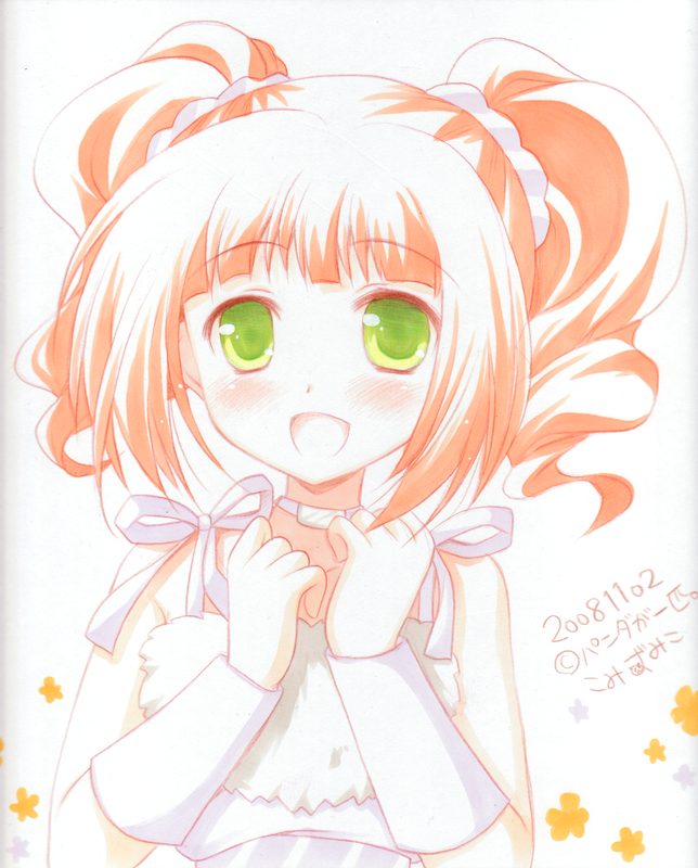 komi zumiko, takatsuki yayoi, idolmaster, idolmaster (classic), idolmaster 1, bad id, bad pixiv id, colored pencil (medium), marker (medium), traditional media, 00s, 1girl, blush, brown hair, cute & girly (idolmaster), drill hair, female focus, green eyes, shikishi, solo, twintails