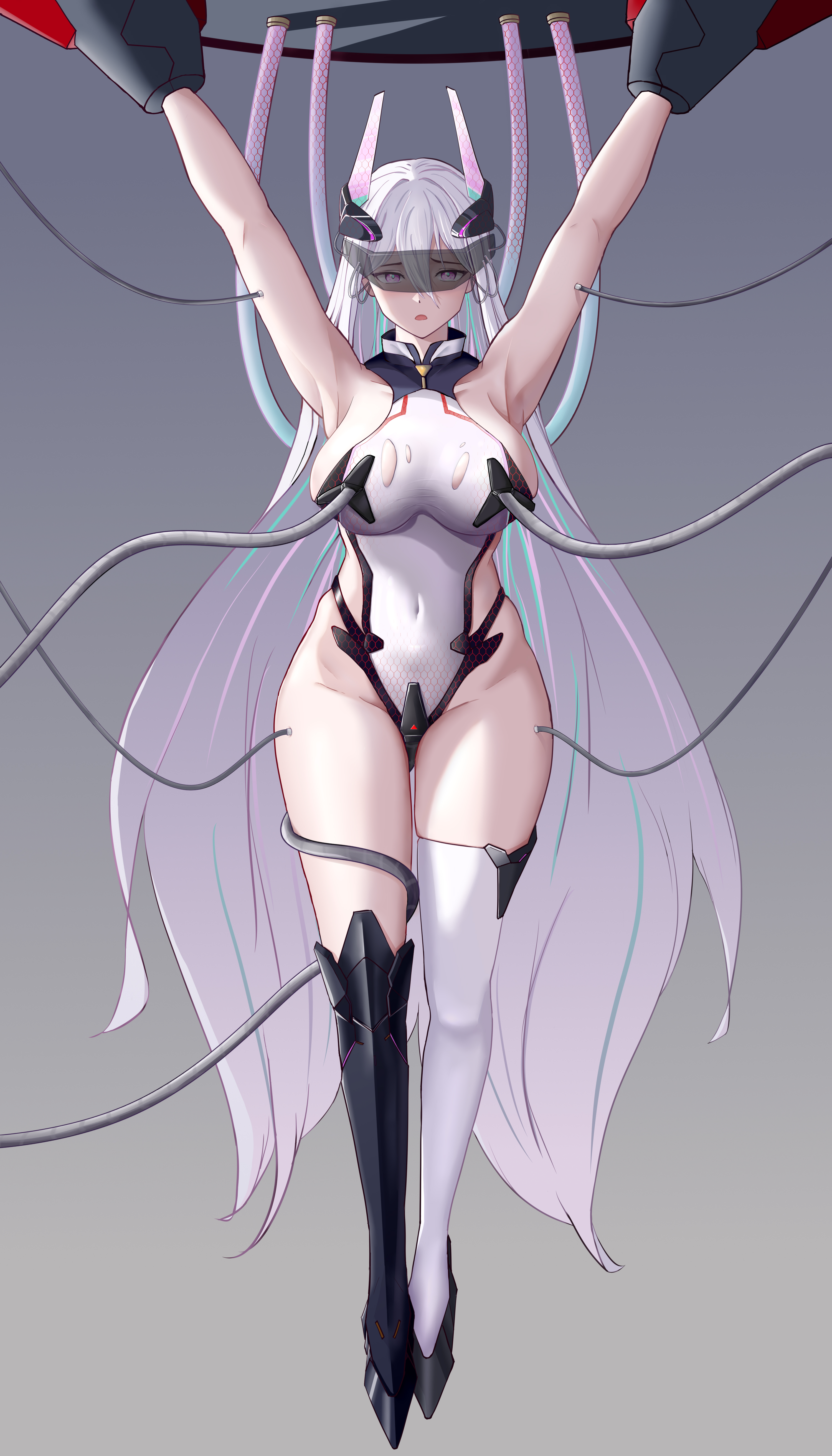orchery, kearsarge (azur lane), azur lane, absurdres, chinese commentary, commentary request, highres, variant set, 1girl, aqua pupils, armpits, arms up, asymmetrical footwear, bare shoulders, black boots, blue streaks, boots, breasts, covered navel, eye mask, gluteal fold, hair between eyes, headgear, impossible clothes, impossible leotard, knee boots, large breasts, leotard, long hair, looking at viewer, mask, mechanical tentacles, multicolored leotard, navel, pink streaks, purple eyes, restrained, sideboob, single knee boot, single thigh boot, solo, stationary restraints, thigh boots, torn clothes, torn leotard, two-tone leotard, very long hair, white boots, white hair, white leotard