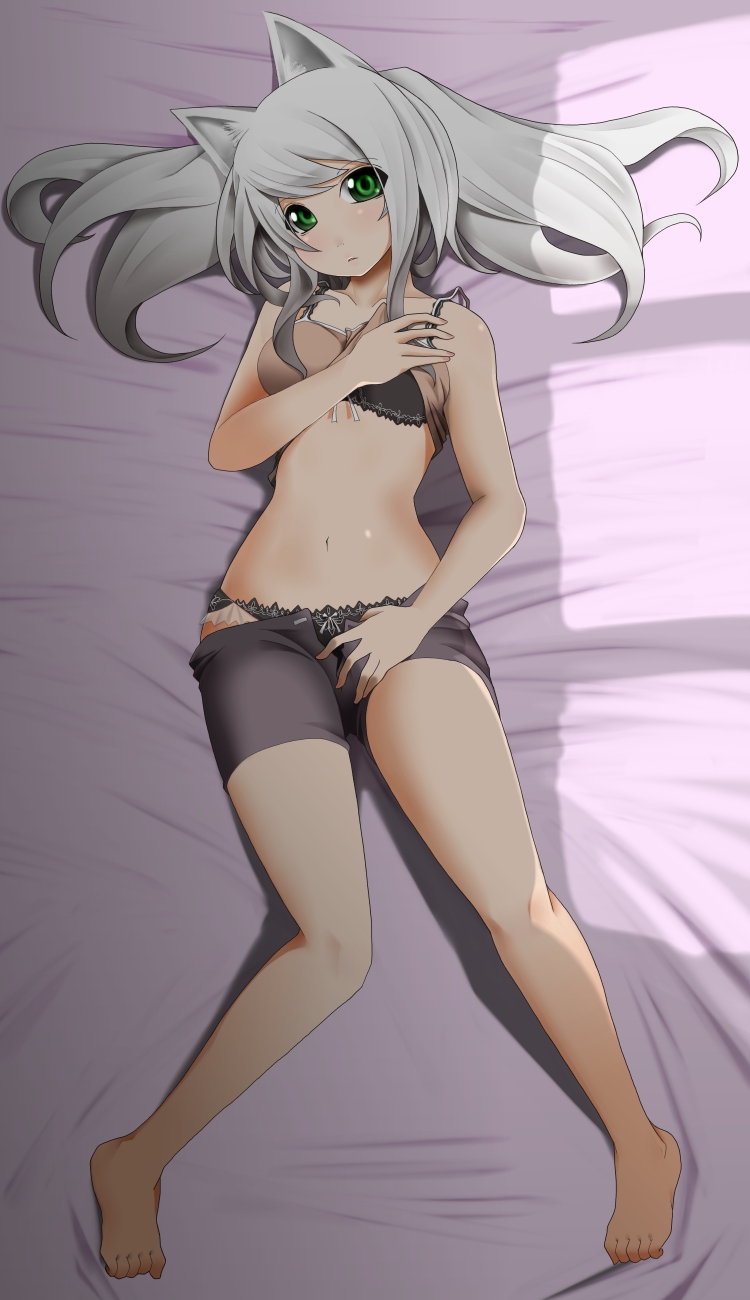 chemical-x, silver hair, highres, animal ears, barefoot, bra, cat ears, clothes lift, feet, green eyes, lingerie, long hair, lying, midriff, navel, panties, shirt lift, solo, toe scrunch, toes, underwear