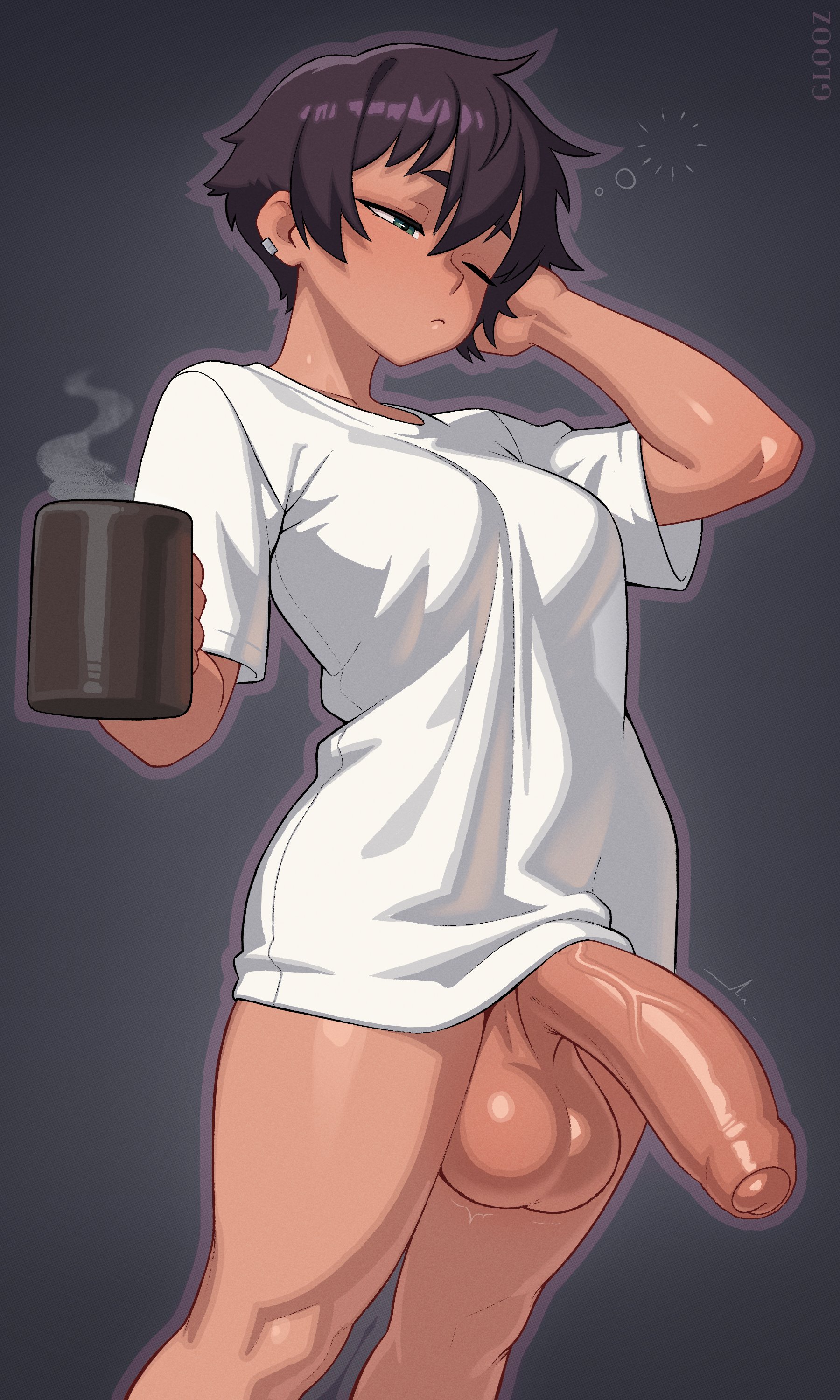 glooz art, original, absurdres, commentary, english commentary, highres, 1girl, ^^^, artist name, black hair, bottomless, breasts, closed mouth, coffee mug, cup, dark-skinned female, dark skin, earclip, feet out of frame, foreskin, futanari, green eyes, grey background, hair between eyes, half-closed eye, holding, holding cup, large penis, large testicles, medium breasts, mug, one eye closed, penis, phimosis, shirt, short eyebrows, short hair, short sleeves, solo, squeans, standing, t-shirt, testicles, thick eyebrows, uncensored, veins, veiny penis, white shirt