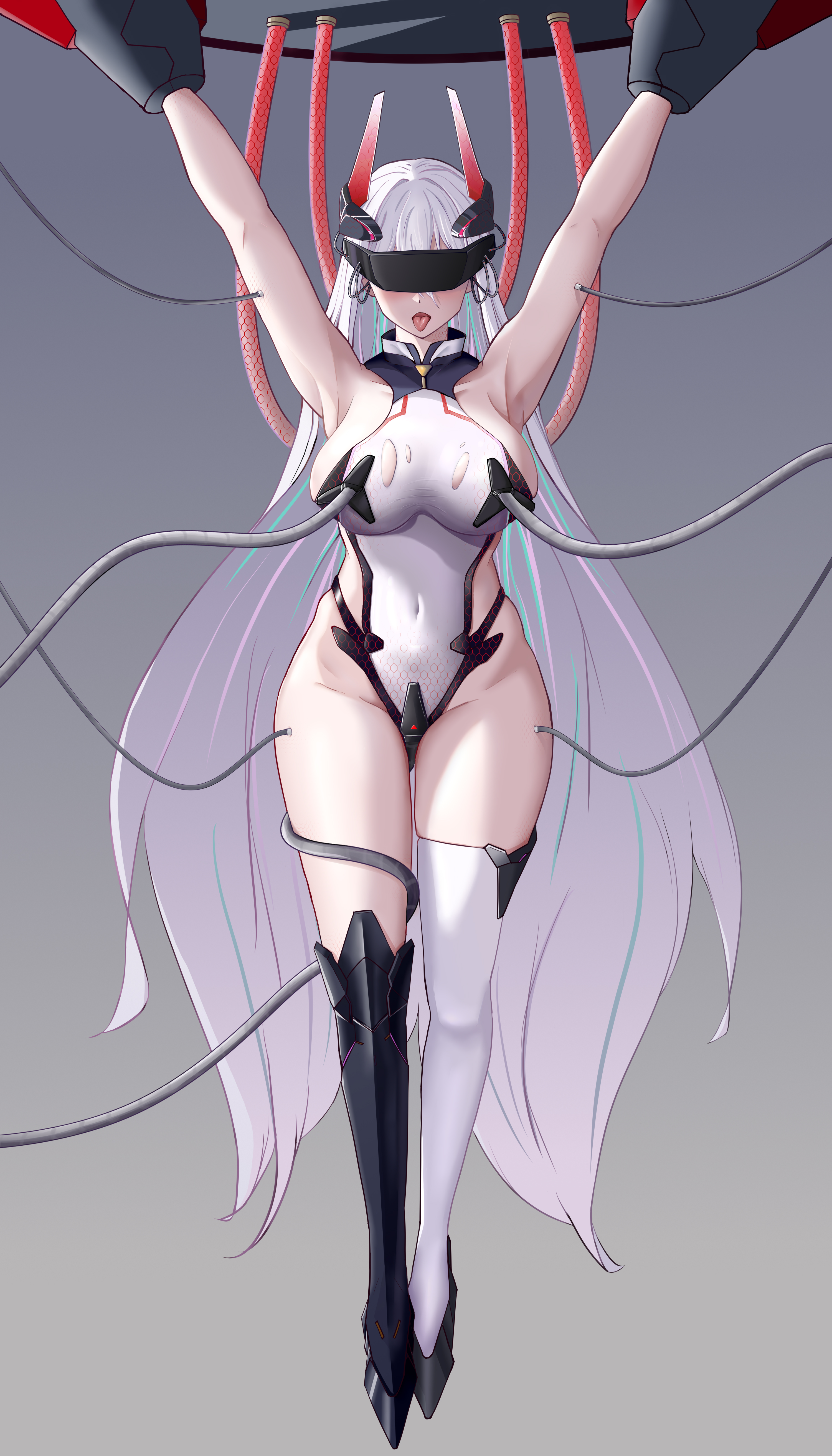 orchery, kearsarge (azur lane), azur lane, absurdres, chinese commentary, commentary request, highres, variant set, 1girl, aqua pupils, armpits, arms up, asymmetrical footwear, bare shoulders, black boots, blue streaks, boots, breasts, covered navel, eye mask, gluteal fold, hair between eyes, headgear, impossible clothes, impossible leotard, knee boots, large breasts, leotard, long hair, looking at viewer, mask, mechanical tentacles, multicolored leotard, navel, open mouth, pink streaks, purple eyes, restrained, sideboob, single knee boot, single thigh boot, solo, stationary restraints, thigh boots, tongue, tongue out, torn clothes, torn leotard, two-tone leotard, very long hair, white boots, white hair, white leotard