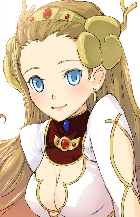 kage yuu, rune venus, el hazard, 1990s (style), 1girl, blue eyes, breasts, cleavage, crown, earrings, female focus, jewelry, medium breasts, retro artstyle, solo