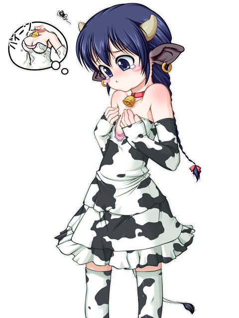 caryo, takeda yukimura, bad id, bad pixiv id, 1girl, animal ears, animal print, bell, blue hair, braid, breast conscious, collar, cow ears, cow girl, cow print, cow tail, female focus, flat chest, horns, neck bell, single braid, solo, tail, tears, thighhighs