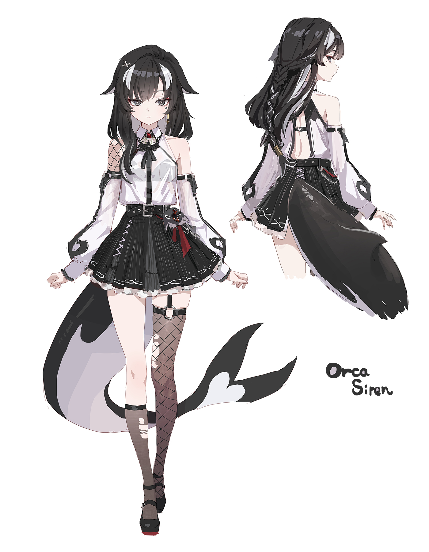 ddcc0123, original, commentary request, highres, korean commentary, 1girl, animal ears, asymmetrical legwear, back cutout, bare shoulders, black eyes, black hair, black shirt, black shoes, black skirt, black sleeves, brown socks, brown thighhighs, character name, clothing cutout, collar, collared shirt, colored inner hair, cropped legs, detached sleeves, expressionless, facial mark, frilled skirt, frills, from behind, full body, hair ornament, hair over shoulder, heart, heart facial mark, kneehighs, looking at viewer, multicolored hair, multicolored shirt, multicolored shoes, multicolored skirt, multicolored sleeves, multiple views, red shoes, see-through clothes, see-through shirt, shirt, shoes, simple background, single kneehigh, single sock, single thighhigh, skirt, socks, standing, tachi-e, tail, thighhighs, thighs, torn clothes, torn socks, two-tone hair, two-tone shirt, two-tone shoes, two-tone skirt, two-tone sleeves, white background, white collar, white hair, white shirt, white skirt, white sleeves, x hair ornament