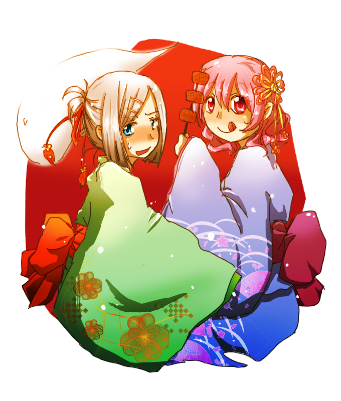 himorakihichira, konpaku youmu, konpaku youmu (ghost), saigyouji yuyuko, touhou, bad id, bad pixiv id, 2girls, :q, alternate hairstyle, blush, female focus, food, japanese clothes, kimono, multiple girls, tongue, tongue out