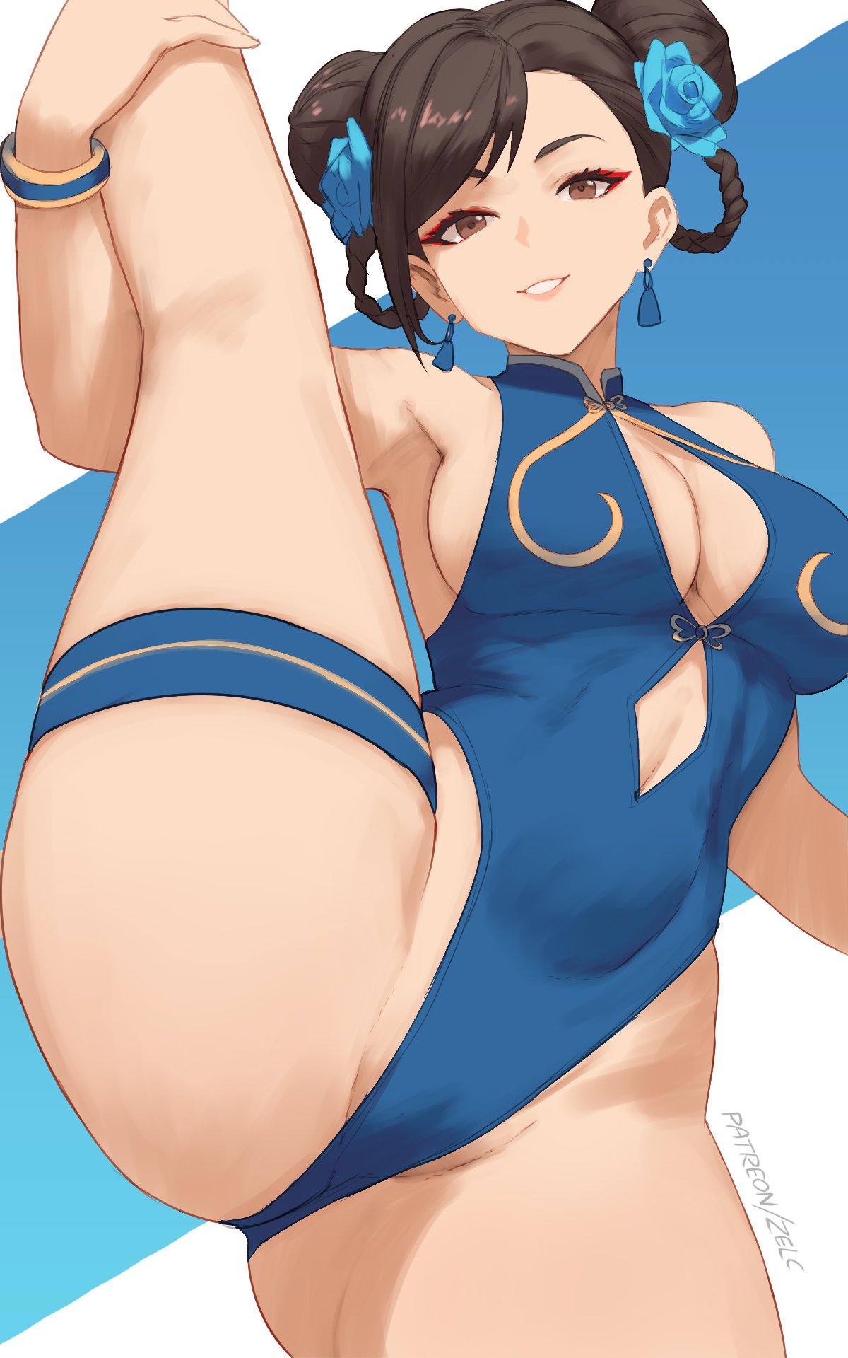 zelc-face, chun-li, capcom, street fighter, commentary, highres, 1girl, blue background, blue flower, blue leotard, blue rose, bracelet, braid, breasts, brown eyes, brown hair, clothing cutout, double bun, earrings, flower, hair bun, hair flower, hair ornament, hair rings, jewelry, large breasts, leg up, leotard, looking at viewer, navel, navel cutout, parted lips, patreon username, rose, short hair, smile, solo, standing, standing on one leg, thigh strap, thighs, two-tone background, white background