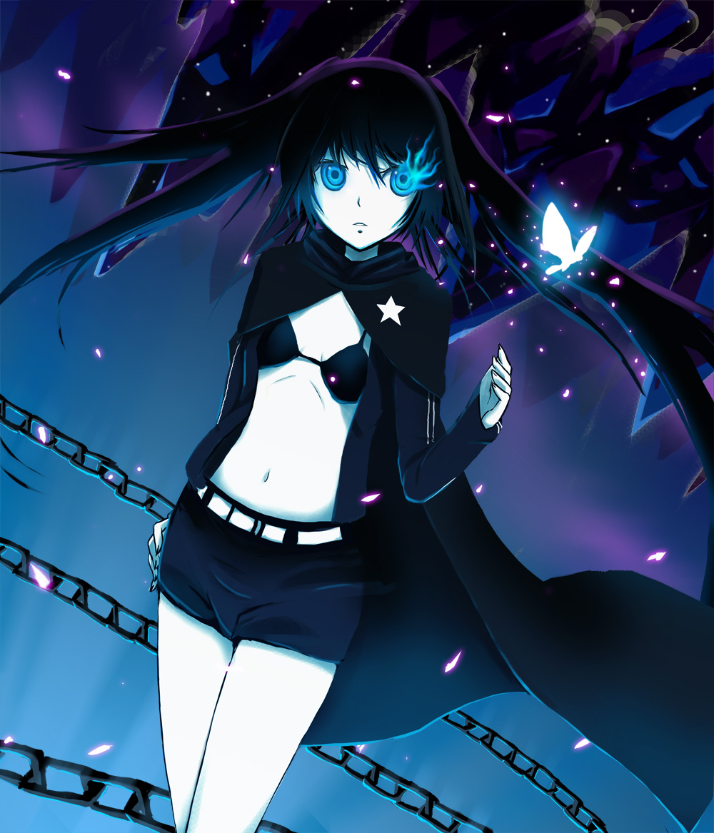 tuanzi, black rock shooter (character), black rock shooter, 10s, 1girl, bikini, bikini top only, blue eyes, bug, butterfly, cape, female focus, glowing, glowing eyes, long hair, shorts, solo, swimsuit