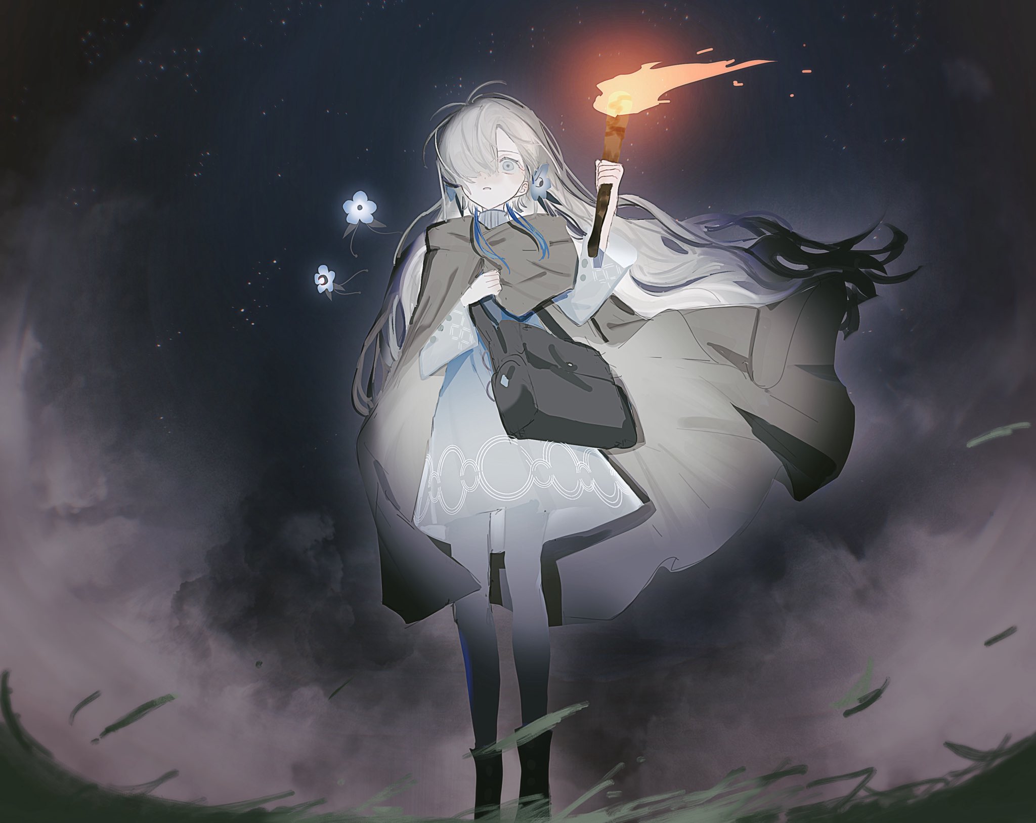 suica 000, isekaijoucho, kamitsubaki studio, commentary request, highres, 1girl, bag, blonde hair, blue flower, brown cloak, cloak, dress, familiar, floating hair, flower, flying grass, full body, grass, grey eyes, hair flower, hair ornament, hair over one eye, hand on own chest, hand up, holding, holding torch, long hair, long sleeves, looking at viewer, night, one eye covered, outdoors, short dress, shoulder bag, sky, solo, star (sky), starry sky, torch, virtual youtuber, white dress, wind