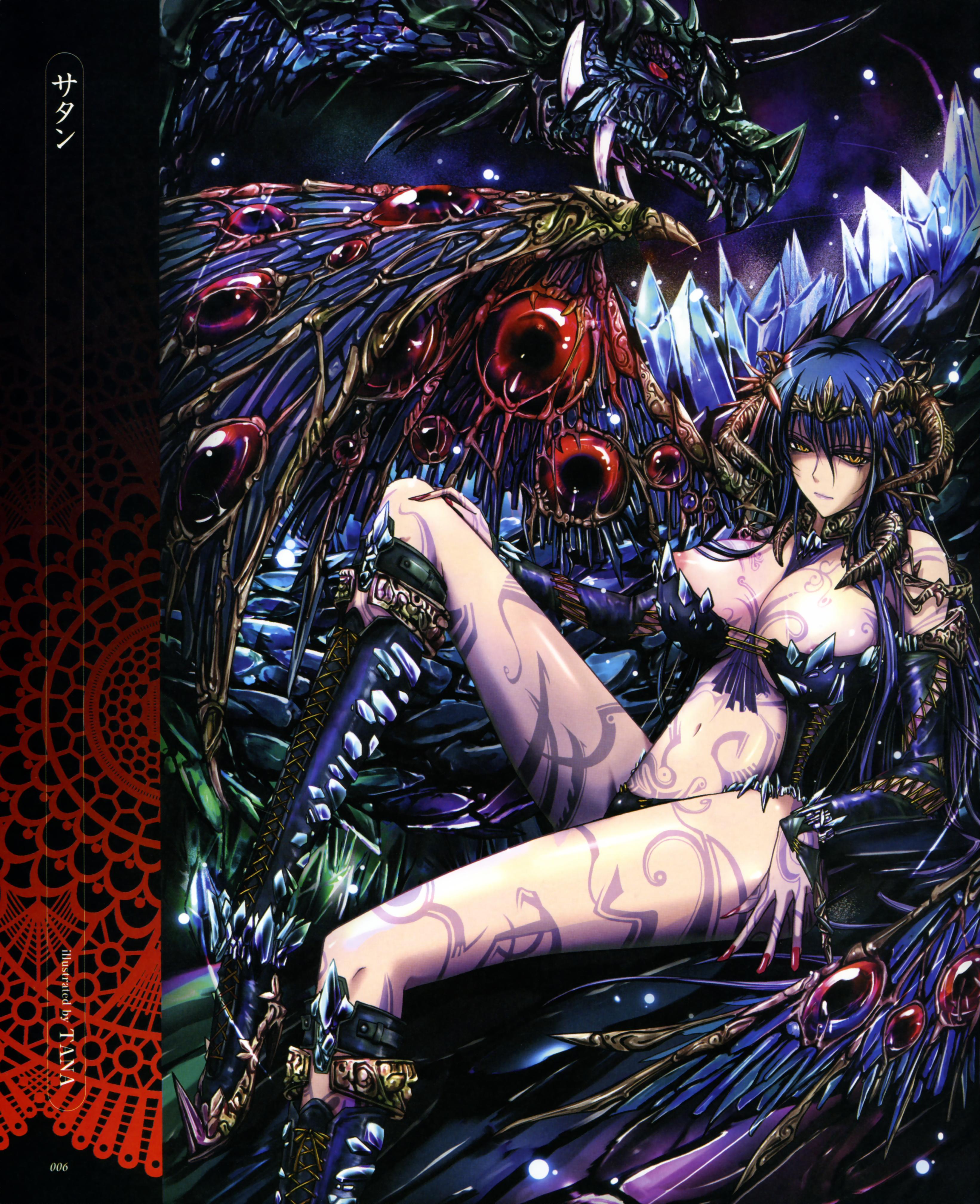 tana (garyuh-chitai), absurdres, highres, translated, 1girl, blue hair, boots, breasts, crystal, dragon, female focus, huge breasts, large breasts, nail polish, nipple slip, nipples, red nails, solo, tattoo, wings, yellow eyes