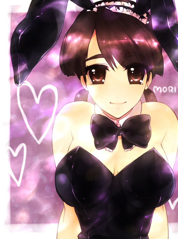 tashimo, mori sonou, suzumiya haruhi no yuuutsu, 00s, 1girl, animal ears, breasts, brown eyes, brown hair, cleavage, fake animal ears, female focus, large breasts, necktie, playboy bunny, rabbit ears, solo, twintails