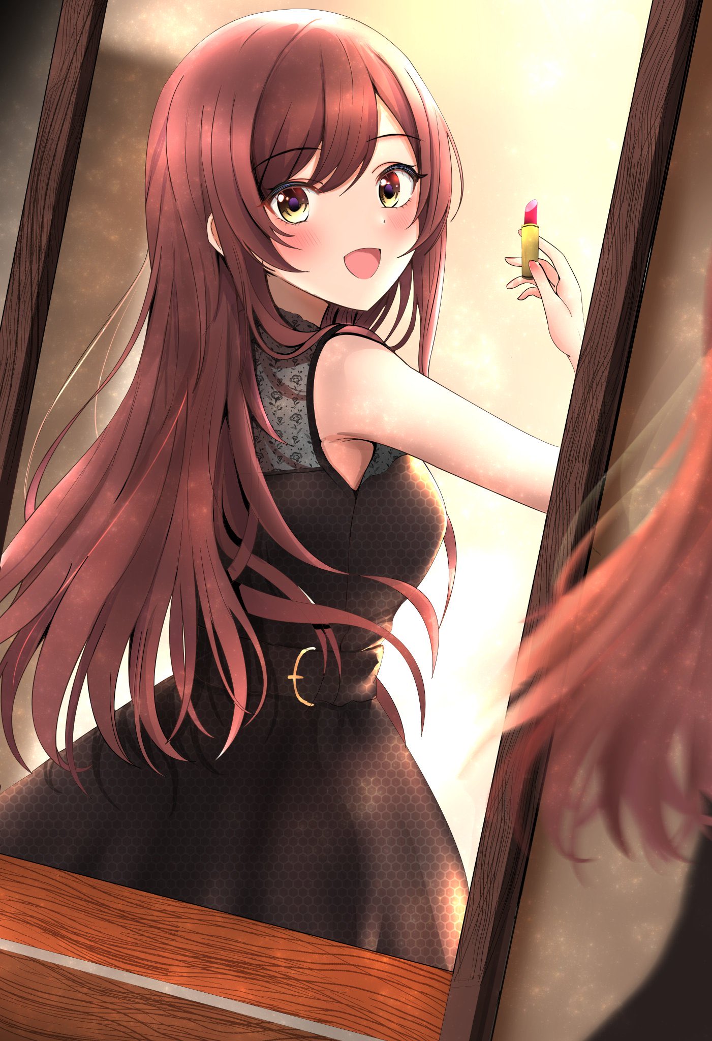 shingi (truth fakesingi), osaki amana, idolmaster, idolmaster shiny colors, highres, 1girl, bare shoulders, black dress, blush, breasts, cosmetics, dress, holding, holding lipstick tube, indoors, lipstick tube, long hair, looking at mirror, looking at self, medium breasts, mirror, open mouth, red hair, reflection, reflection focus, sleeveless, sleeveless dress, smile, solo, swept bangs, yellow eyes