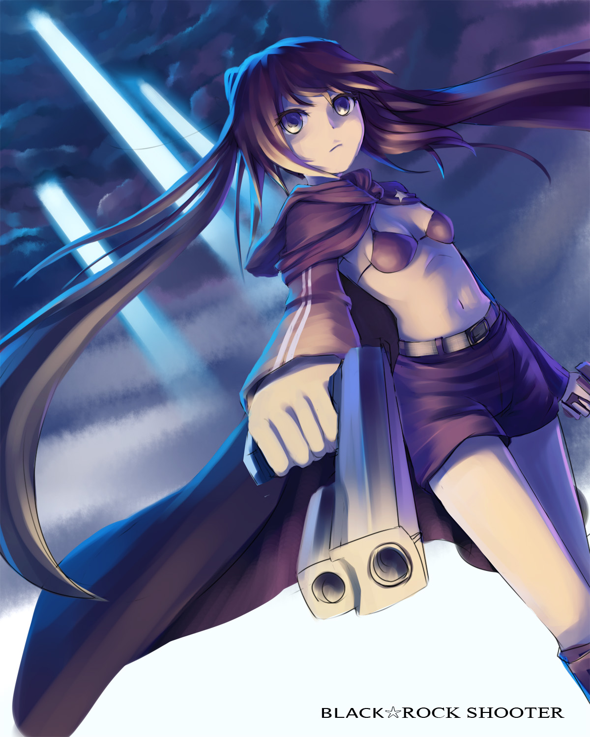tuanzi, black rock shooter (character), black rock shooter, highres, 10s, 1girl, bikini, bikini top only, blue eyes, cape, female focus, flat chest, gun, long hair, navel, outdoors, shorts, sky, solo, swimsuit, weapon