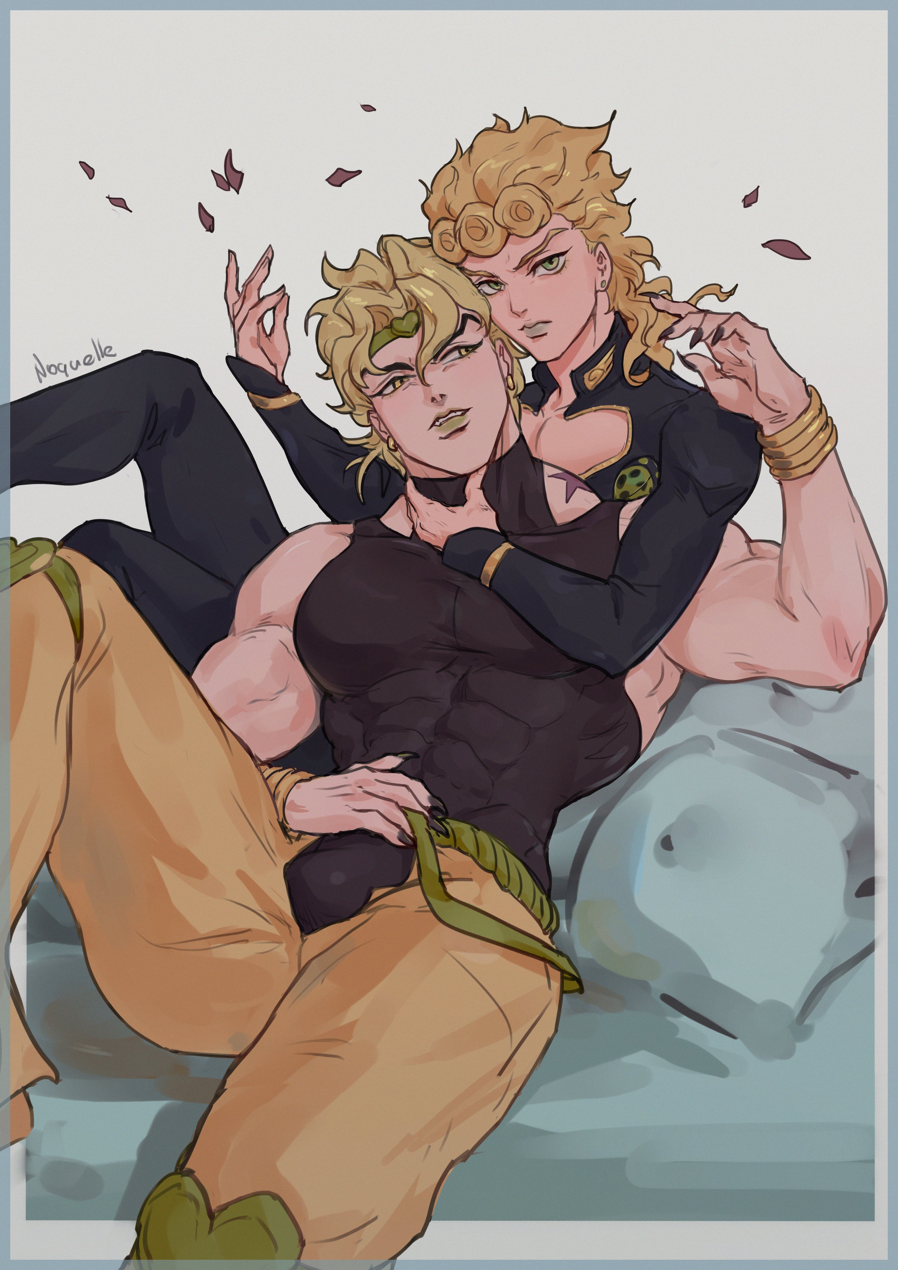 dio brando, giorno giovanna, jojo no kimyou na bouken, stardust crusaders, vento aureo, absurdres, commentary, english commentary, highres, 2boys, abs, arm around neck, belt, birthmark, black jacket, black leotard, black nails, black pants, blonde hair, bracelet, braid, closed mouth, ear birthmark, earrings, father and son, fingernails, gold bracelet, green belt, green eyes, green headband, green lips, green suspenders, headband, high collar, hug, hug from behind, jacket, jewelry, joestar birthmark, knee pads, ladybug ornament, leotard, long hair, long sleeves, looking at another, looking at viewer, makeup, male focus, multiple boys, muscular, muscular male, noquelle art, pants, pectorals, petals, sharp fingernails, smile, time paradox, vampire, victory rolls, wing ornament, yaoi, yellow eyes, yellow pants