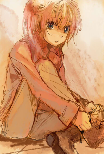 ame yamori, cleo everlastin, majutsushi orphen, 1girl, :o, blonde hair, blush, dressing, female focus, green eyes, long sleeves, looking at viewer, pants, parted lips, shirt, shoes, short hair, sitting, solo