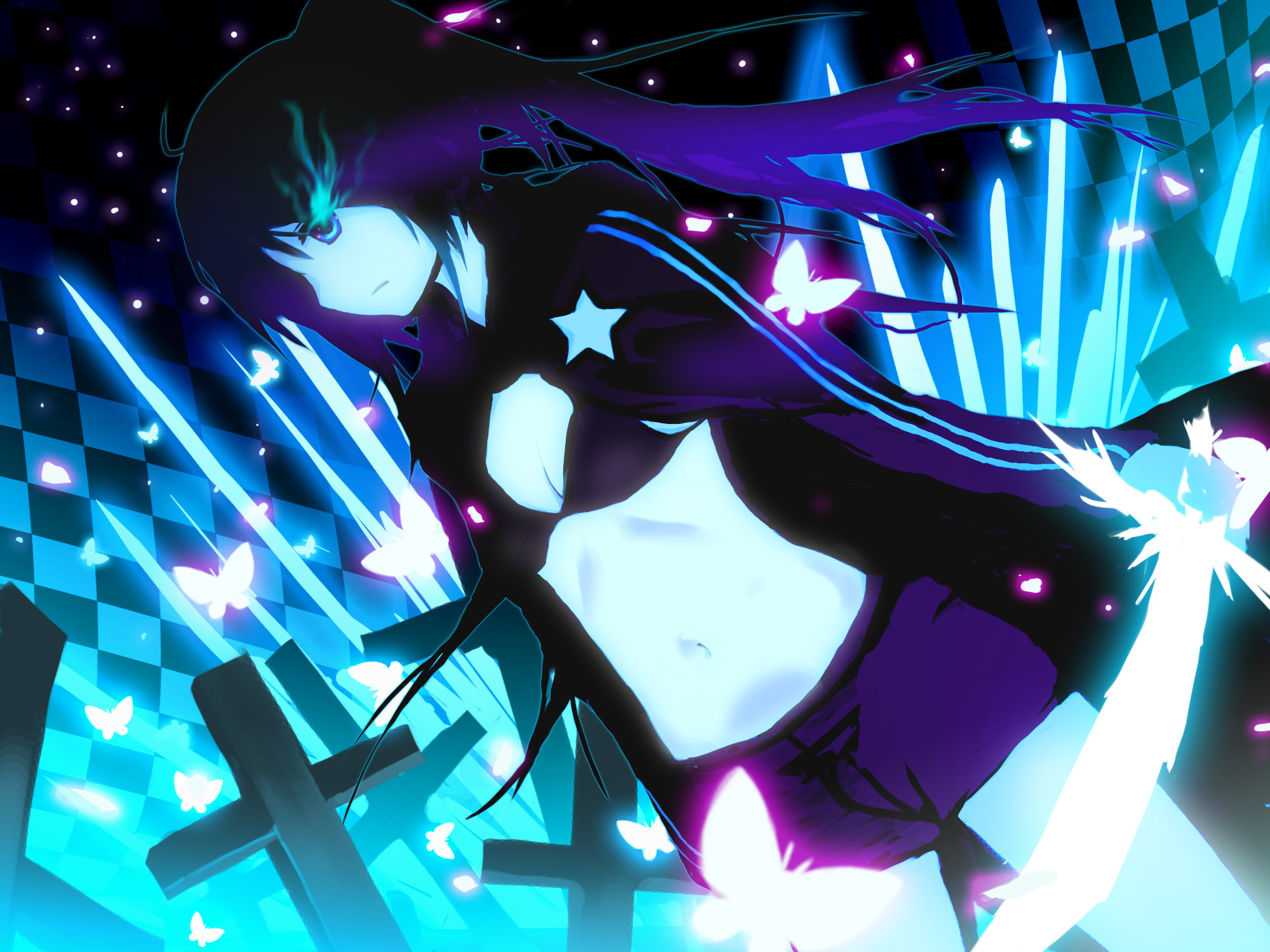 tuanzi, black rock shooter (character), black rock shooter, highres, 10s, 1girl, bikini, bikini top only, blue eyes, bug, butterfly, female focus, flat chest, glowing, glowing eyes, long hair, navel, shorts, solo, swimsuit
