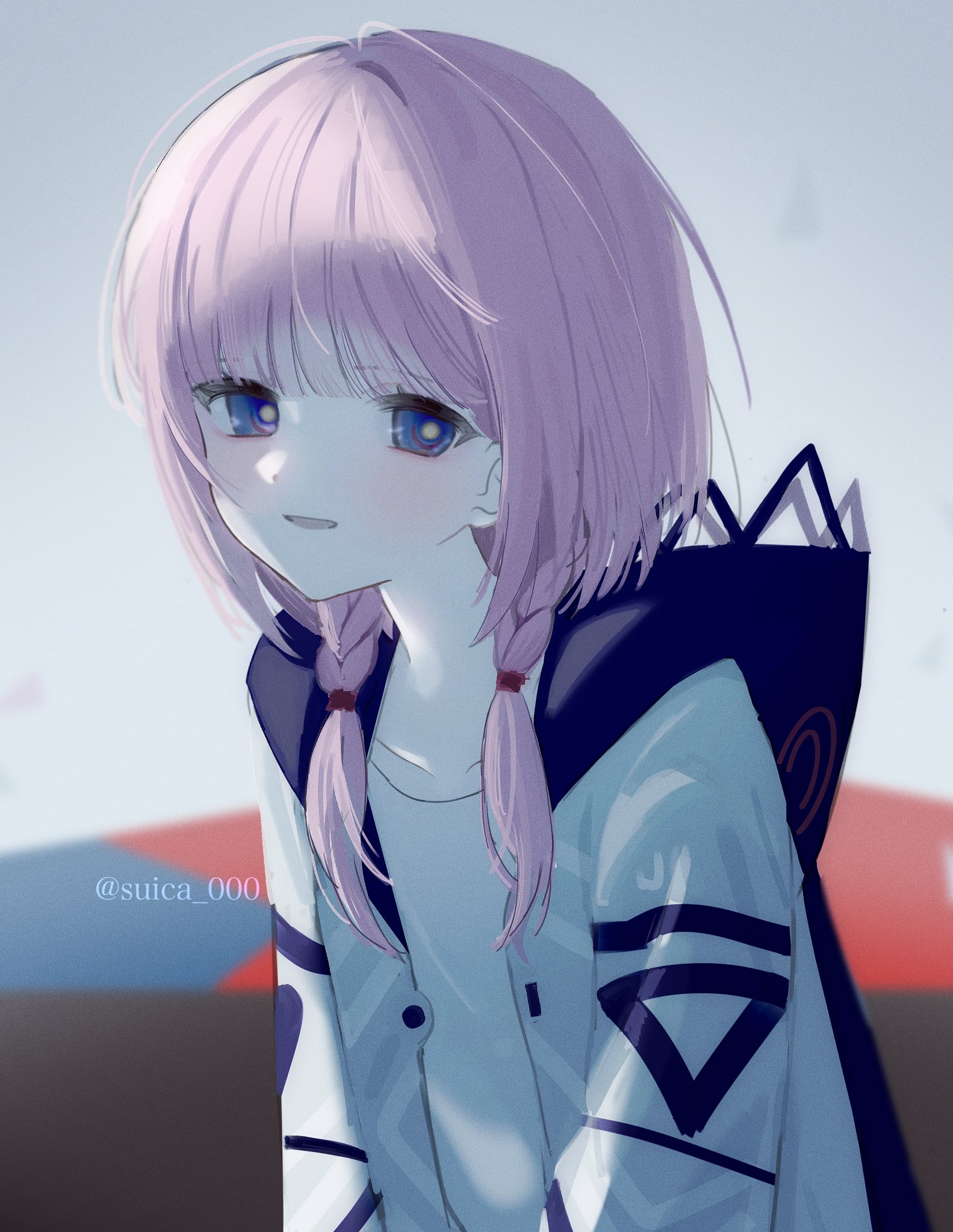 suica 000, kaf (kamitsubaki studio), kamitsubaki studio, highres, 1girl, blue eyes, blue hood, blush, braid, hair over shoulder, hood, hood down, hooded jacket, jacket, long hair, long sleeves, looking at viewer, low twin braids, open clothes, open jacket, open mouth, pink hair, shirt, sidelighting, smile, solo, twin braids, twitter username, upper body, virtual youtuber, white background, white jacket, white shirt, yellow pupils