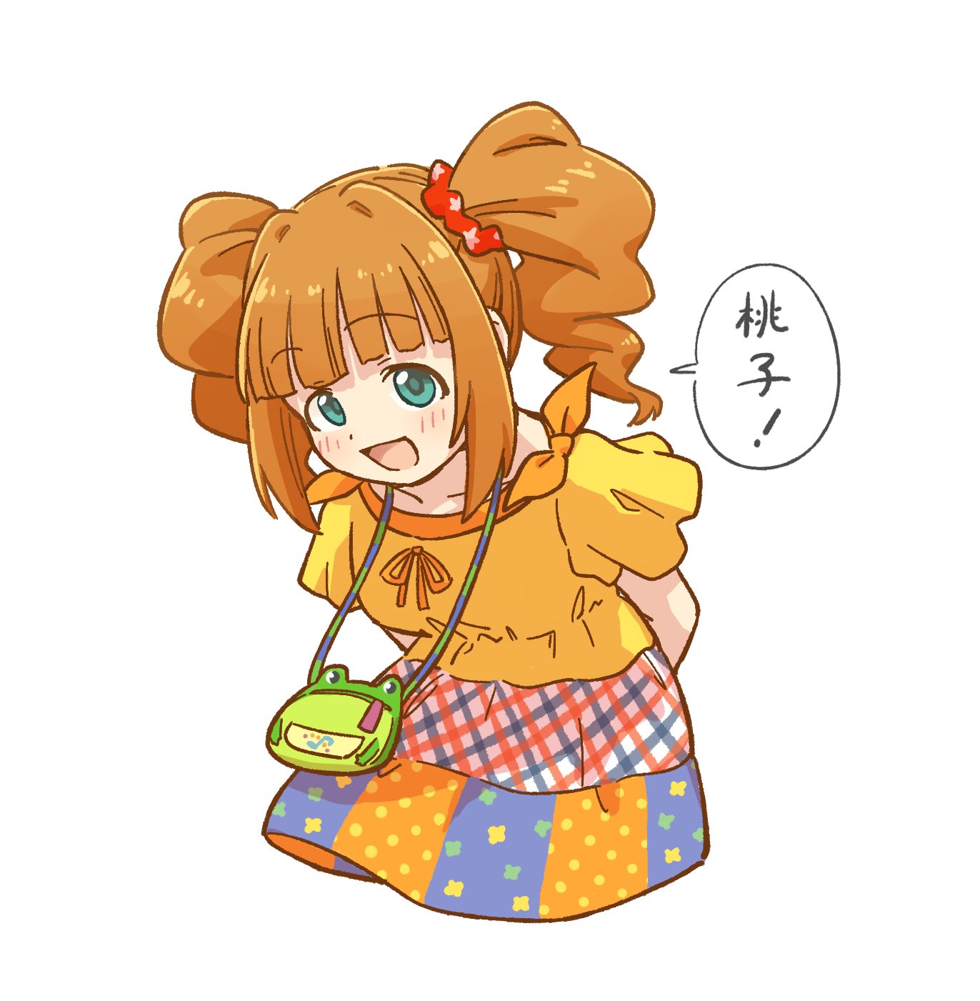 sault93726525, takatsuki yayoi, idolmaster, idolmaster (classic), idolmaster million live!, idolmaster million live! theater days, highres, translation request, 1girl, :d, aqua eyes, colored skin, cropped torso, hair ornament, hair scrunchie, leaning forward, looking at viewer, multicolored skin, open mouth, orange hair, red scrunchie, scrunchie, shirt, short sleeves, simple background, smile, solo, speech bubble, twintails, white background, yellow shirt