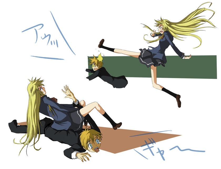 yuuki (yuuki333), cleo everlastin, majic lin, majutsushi orphen, bad id, bad pixiv id, 1boy, 1girl, blonde hair, kicking, long hair, school uniform