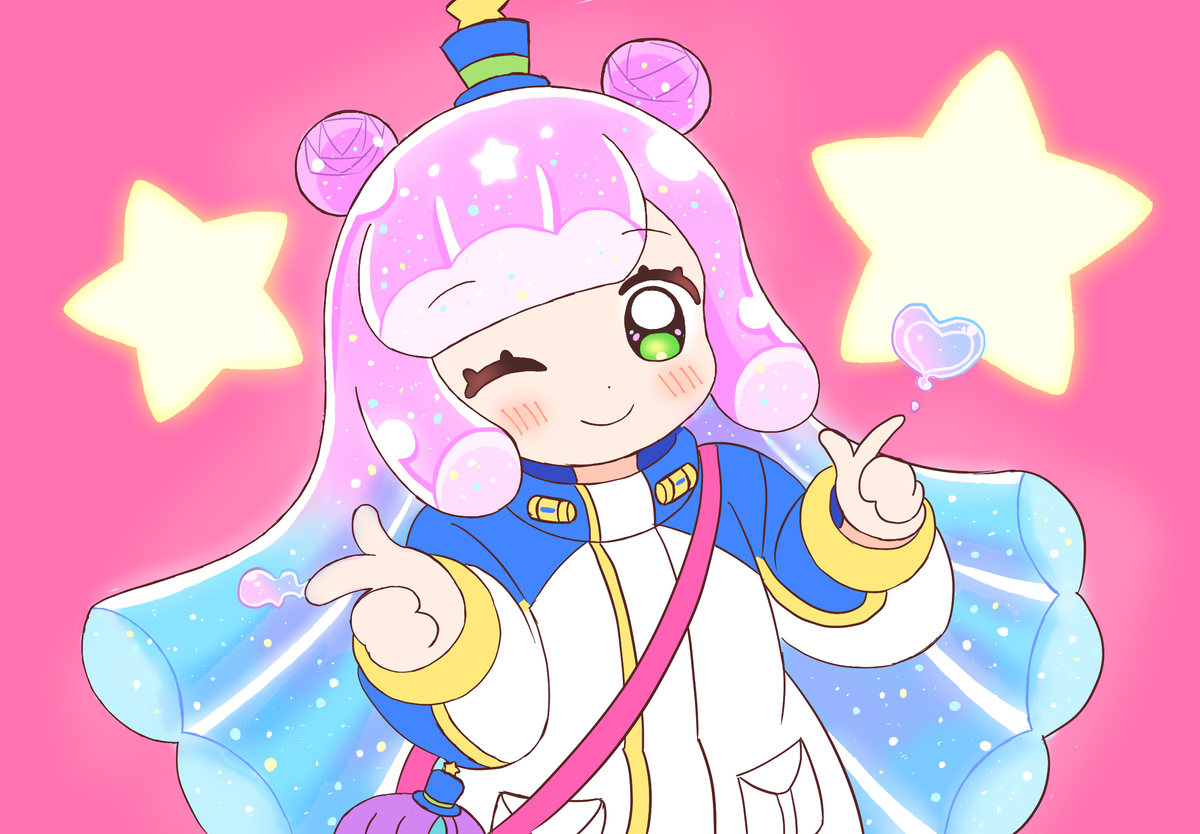 puniru (puniru wa kawaii slime), puniru wa kawaii slime, 1girl, blush, dot nose, double bun, feet out of frame, female focus, green eyes, hair bun, hat, jacket, long sleeves, looking at viewer, mini hat, mini top hat, monster girl, one eye closed, pink background, pink hair, simple background, slime girl, smile, solo, standing, star (symbol), top hat