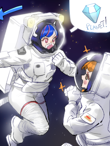 raine (acke2445), nami (one piece), ulti (one piece), one piece, commentary, lowres, symbol-only commentary, 2girls, astronaut, blue hair, blush, diamond (gemstone), floating, foot out of frame, formal clothes, from side, gem, gloves, helmet, horns, looking at another, mask, mouth mask, multiple girls, orange hair, outdoors, own hands together, pink eyes, profile, space, space helmet, sparkle, suit, upper body, white gloves, white suit