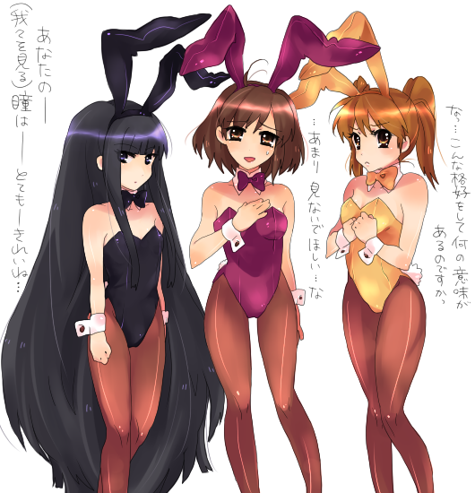 tashimo, sasaki, sasaki (suzumiya haruhi), suou kuyou, tachibana kyouko (suzumiya haruhi), suzumiya haruhi no yuuutsu, translated, 00s, 3girls, animal ears, black hair, brown eyes, brown hair, fake animal ears, long hair, multiple girls, pantyhose, playboy bunny, rabbit ears, short hair, twintails, very long hair