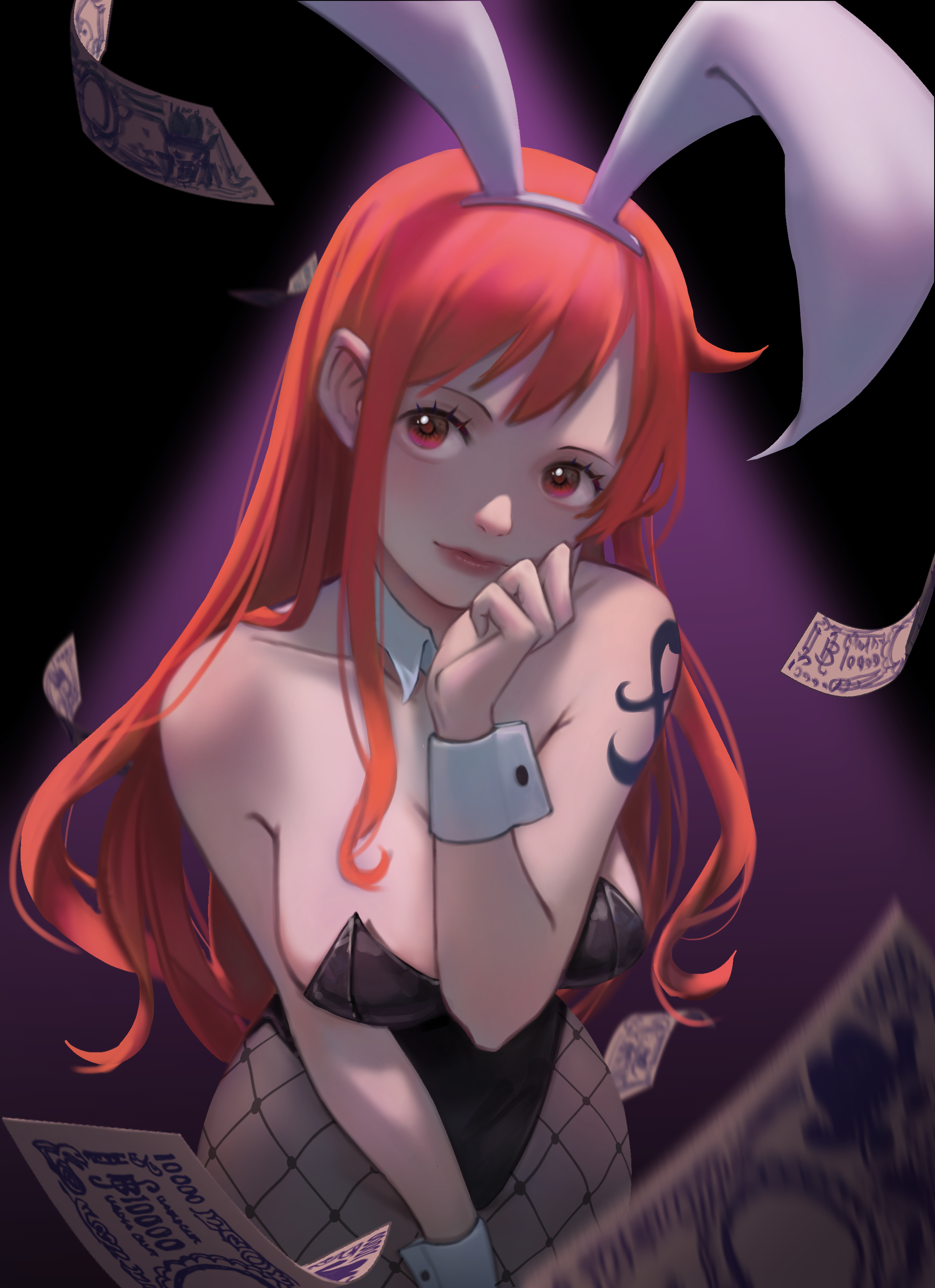 cynthia (user rrcz7734), nami (one piece), one piece, absurdres, commentary, highres, 1girl, animal ears, banknote, bare shoulders, black leotard, blurry, blurry foreground, blush, breasts, closed mouth, cowboy shot, detached collar, fishnet pantyhose, fishnets, head tilt, large breasts, leotard, lips, long hair, looking at viewer, money, orange eyes, orange hair, pantyhose, pink lips, playboy bunny, rabbit ears, shoulder tattoo, single sidelock, solo, straight-on, strapless, strapless leotard, tattoo, wavy hair, wrist cuffs
