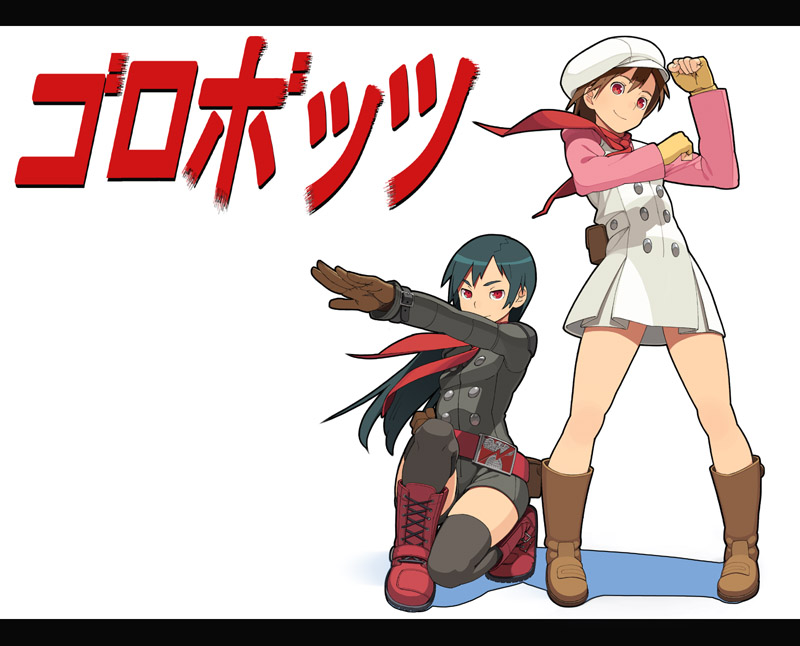 go robots, hongou takeshi, ichimonji hayato, kamen rider, kamen rider (1st series), 2girls, ascot, belt, boots, brown hair, fingerless gloves, full body, genderswap, genderswap (mtf), gloves, green hair, hat, kneeling, long hair, multiple girls, newsboy cap, red eyes, salute, scarf, shocker, short hair, simple background, smile, thighhighs