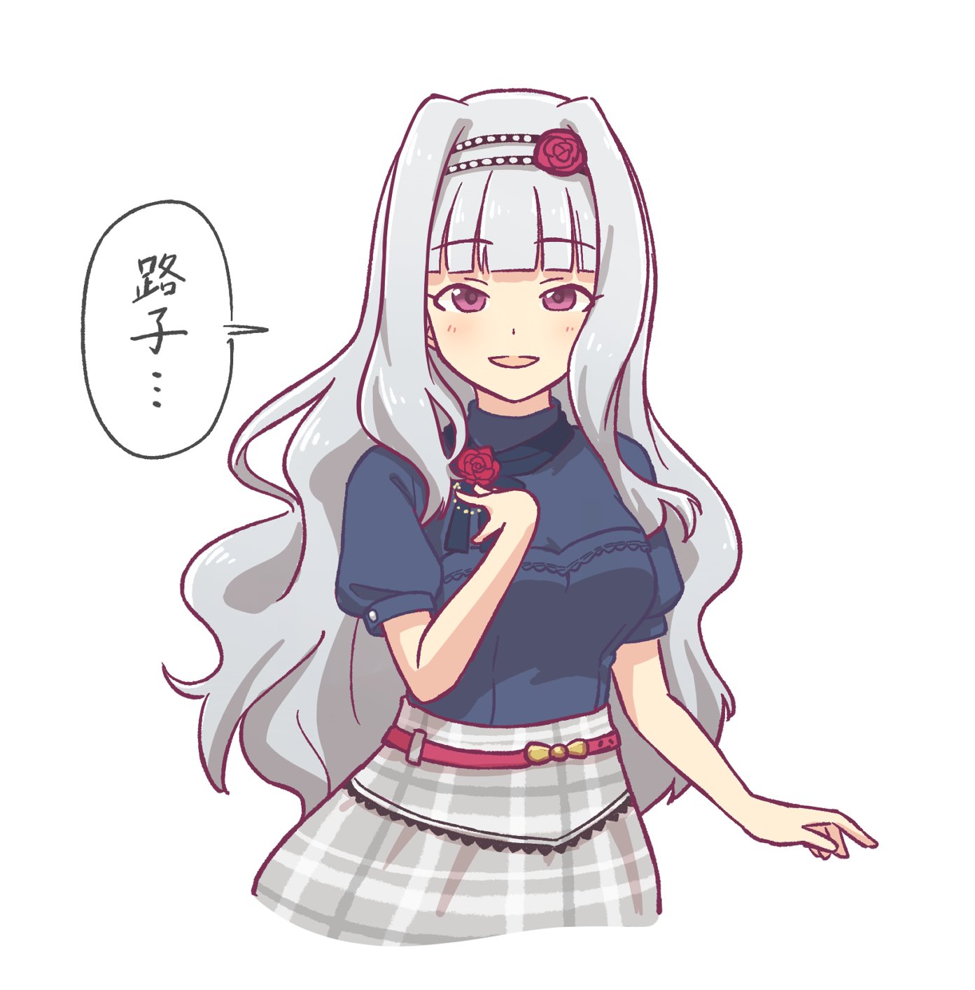 sault93726525, shijou takane, idolmaster, idolmaster (classic), idolmaster million live!, idolmaster million live! theater days, highres, translation request, 1girl, blue shirt, breasts, cropped torso, flower, grey hair, grey skirt, hair flower, hair ornament, hairband, hand up, light blush, long hair, looking at viewer, open mouth, pink flower, pink rose, purple eyes, rose, shirt, short sleeves, simple background, skirt, smile, solo, speech bubble, white background