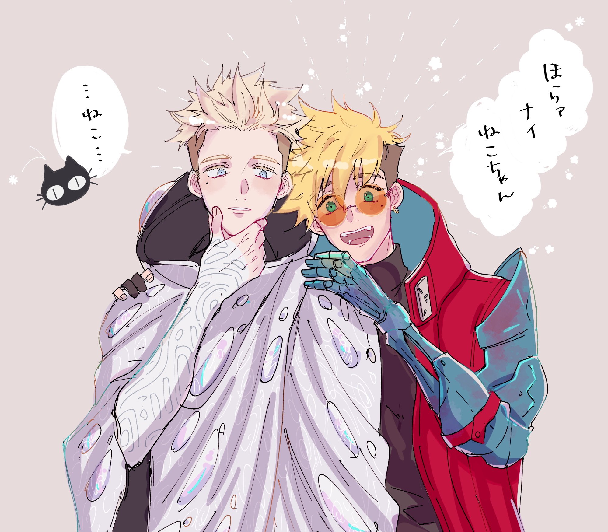 kuroneko (trigun), millions knives, vash the stampede, trigun, trigun stampede, commentary request, highres, translation request, 2boys, aqua eyes, arm up, black hair, blonde hair, blue eyes, body markings, brothers, coat, collared coat, colored extremities, earrings, fingernails, hand on own chin, hands on another's shoulders, hood, hood down, jewelry, male focus, multicolored hair, multiple boys, open mouth, orange-tinted eyewear, piercing, popped collar, prosthesis, prosthetic arm, rimless eyewear, round eyewear, siblings, smile, speech bubble, taaamaaaooo1, teeth, tinted eyewear, twins, two-sided coat, two-sided fabric, two-tone hair, upper body