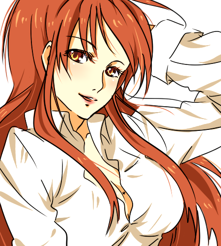 tashimo, asahina mikuru, asahina mikuru (adult), suzumiya haruhi no yuuutsu, lowres, 00s, 1girl, aged up, breasts, brown eyes, cleavage, female focus, large breasts, long hair, mole, mole on breast, orange hair, shirt, simple background, solo, white background, white shirt