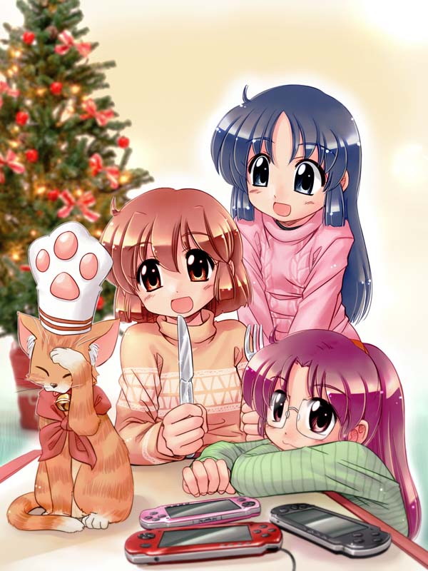 zan, original, 3girls, black hair, cat, christmas, christmas tree, glasses, handheld game console, long hair, multiple girls, orange hair, playstation portable, purple hair, silverware, sweater