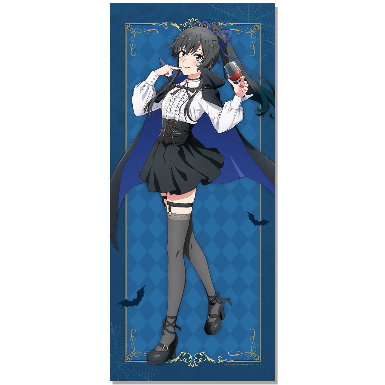 yukinoshita yukino, yahari ore no seishun lovecome wa machigatteiru., highres, merchandise available, official art, 1girl, ahoge, alcohol, anime coloring, bat (animal), black cape, black choker, black corset, black hair, black shoes, black skirt, black thighhighs, blue background, blue cape, blue eyes, blue ribbon, blush, border, cape, checkered background, choker, closed mouth, copyright notice, corset, cup, drinking glass, fang, finger to mouth, fingernails, frilled shirt, frills, full body, garter straps, hair ribbon, halloween costume, hands up, high heels, high ponytail, holding, holding cup, long fingernails, long hair, long sleeves, looking at viewer, nail polish, neck ribbon, outside border, ponytail, red nails, ribbon, shirt, shoes, skirt, solo, standing, thigh strap, thighhighs, two-sided cape, two-sided fabric, two-tone background, vampire costume, white shirt, wine, wine glass, zettai ryouiki