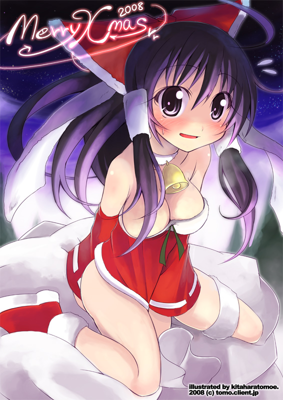 kitahara tomoe (kitahara koubou), hakurei reimu, touhou, bad id, bad pixiv id, 1girl, black hair, blush, breasts, cleavage, female focus, kneeling, santa costume, solo