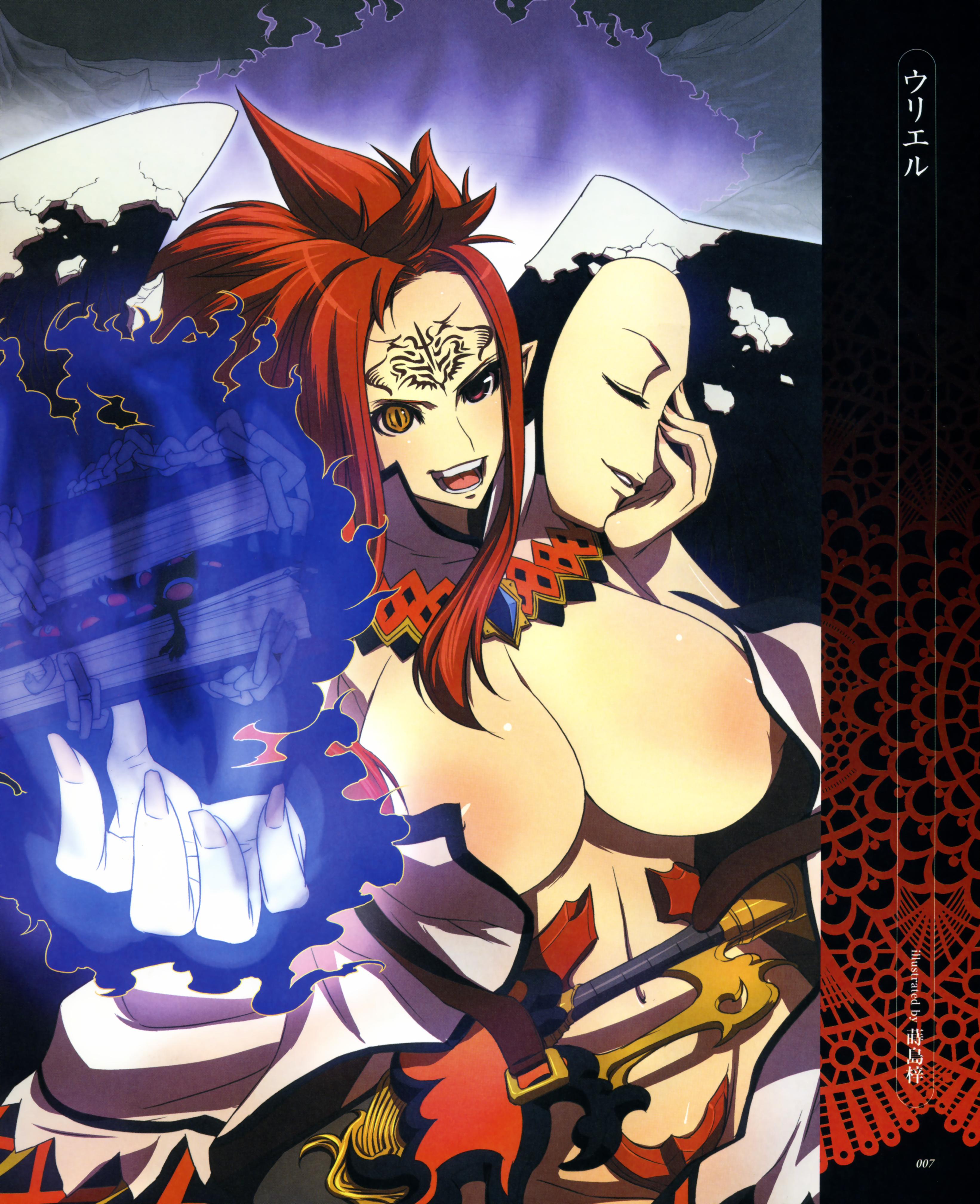 makishima azusa, absurdres, highres, scan, 1girl, :d, areola slip, book, breasts, brooch, chain, cleavage, facepaint, facial mark, female focus, fingernails, fire, forehead mark, glowing, glowing eyes, heterochromia, huge breasts, jewelry, long fingernails, magic, make, mask, navel, no bra, open clothes, open mouth, open shirt, outstretched hand, red eyes, red hair, shirt, smile, solo, spiked hair, sword, tattoo, weapon, yellow eyes