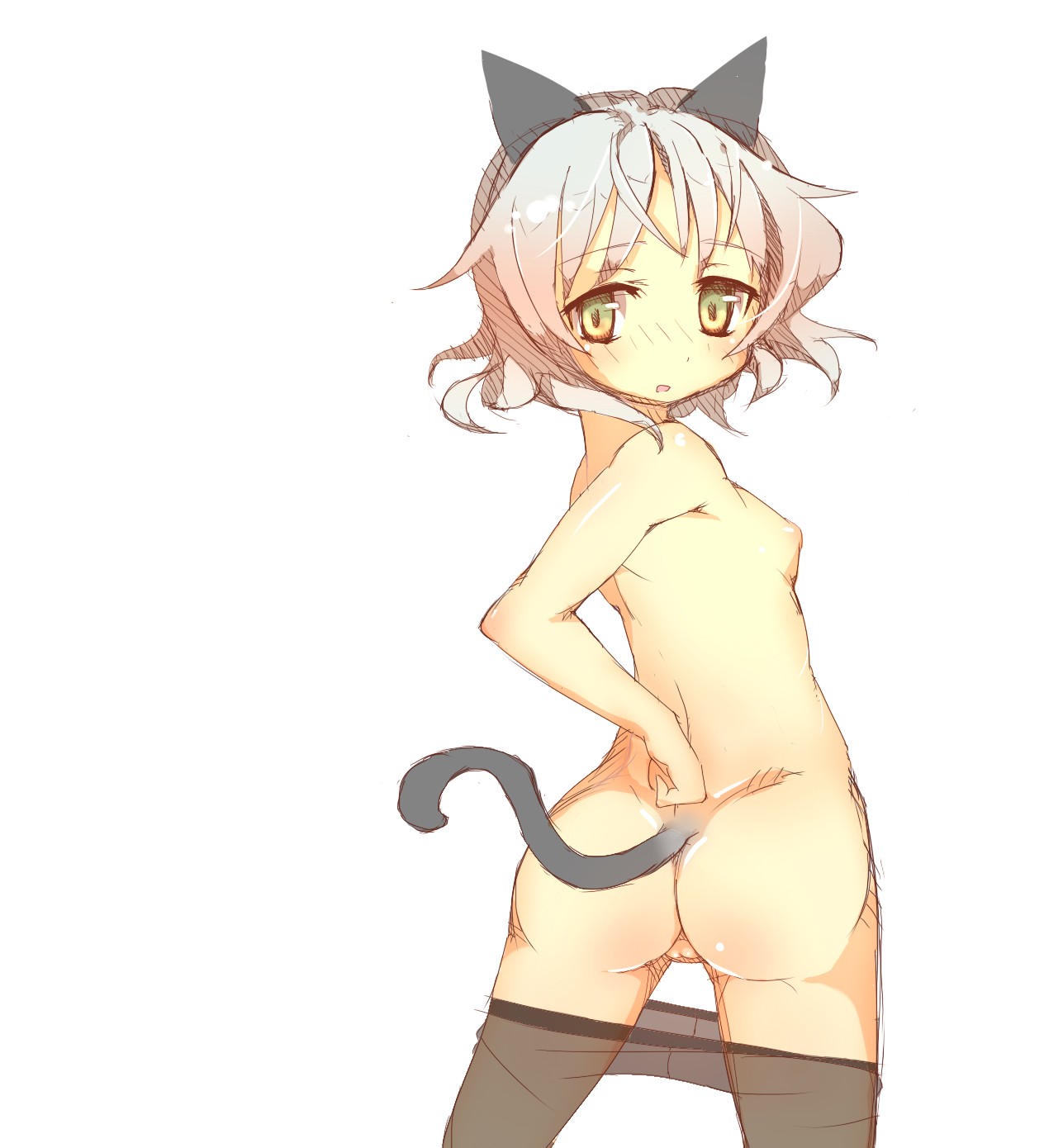 prnt, sanya v. litvyak, strike witches, world witches series, silver hair, highres, 00s, 1girl, animal ears, ass, back, black pantyhose, blush, breasts, cat ears, cat tail, clothes pull, female focus, from behind, green eyes, looking back, nipples, pantyhose, pantyhose pull, parted lips, pussy, short hair, small breasts, solo, tail, topless female, uncensored