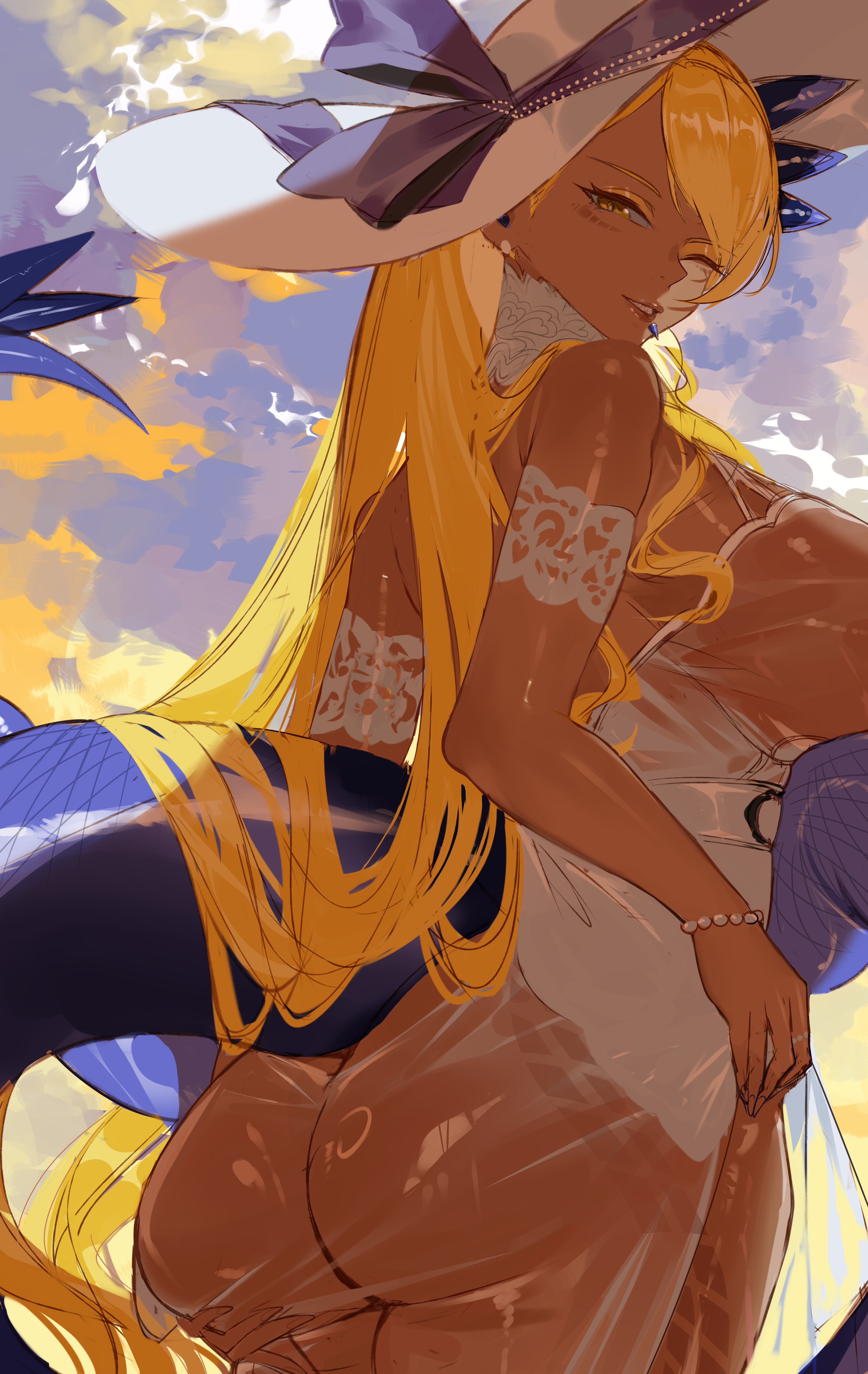 vritra (among the nymphaea) (fate), vritra (fate), fate/grand order, fate (series), absurdres, commentary request, highres, revision, 1girl, ass, back, bare shoulders, blonde hair, blue sky, breasts, chin piercing, dark-skinned female, dark skin, dragon girl, dragon horns, dragon tail, dress, face piercing, facial mark, grin, hat, hil199, horns, large breasts, long hair, looking at viewer, looking back, one eye closed, piercing, see-through clothes, see-through dress, sky, smile, solo, sun hat, swept bangs, tail, thighs, white dress, white hat, yellow eyes