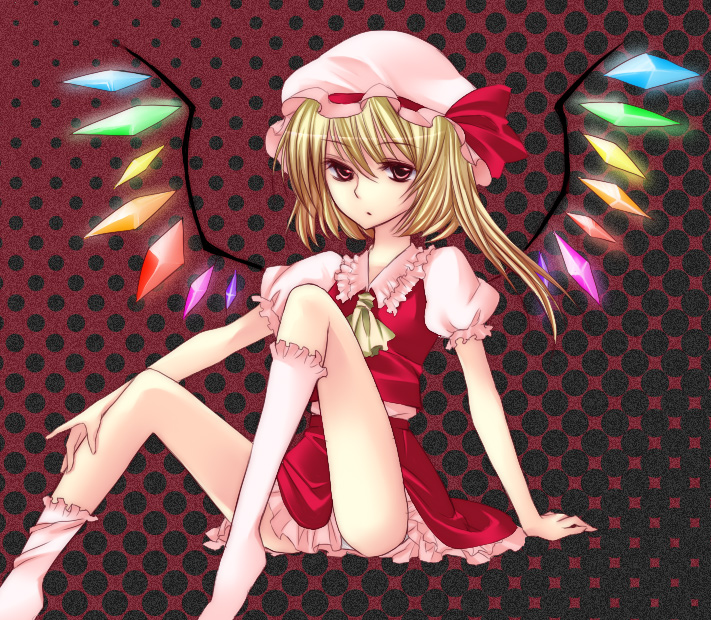 tepengu, flandre scarlet, touhou, 1girl, arm support, ascot, blonde hair, female focus, frilled sleeves, frills, hat, hat ribbon, kneehighs, looking to the side, mob cap, panties, pantyshot, patterned background, pink hat, red ribbon, ribbon, short hair with long locks, short sleeves, sitting, socks, solo, underwear, wings