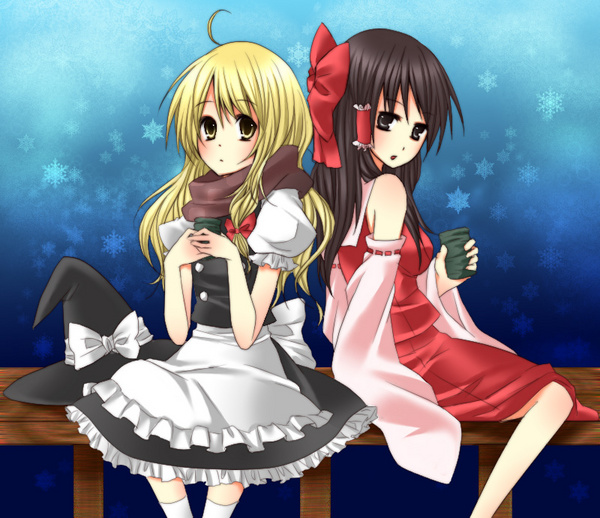 tepengu, hakurei reimu, kirisame marisa, touhou, 2girls, black hair, blonde hair, brown eyes, cup, detached sleeves, female focus, hat, japanese clothes, looking back, miko, multiple girls, ribbon, sitting, skirt, witch, witch hat, yellow eyes