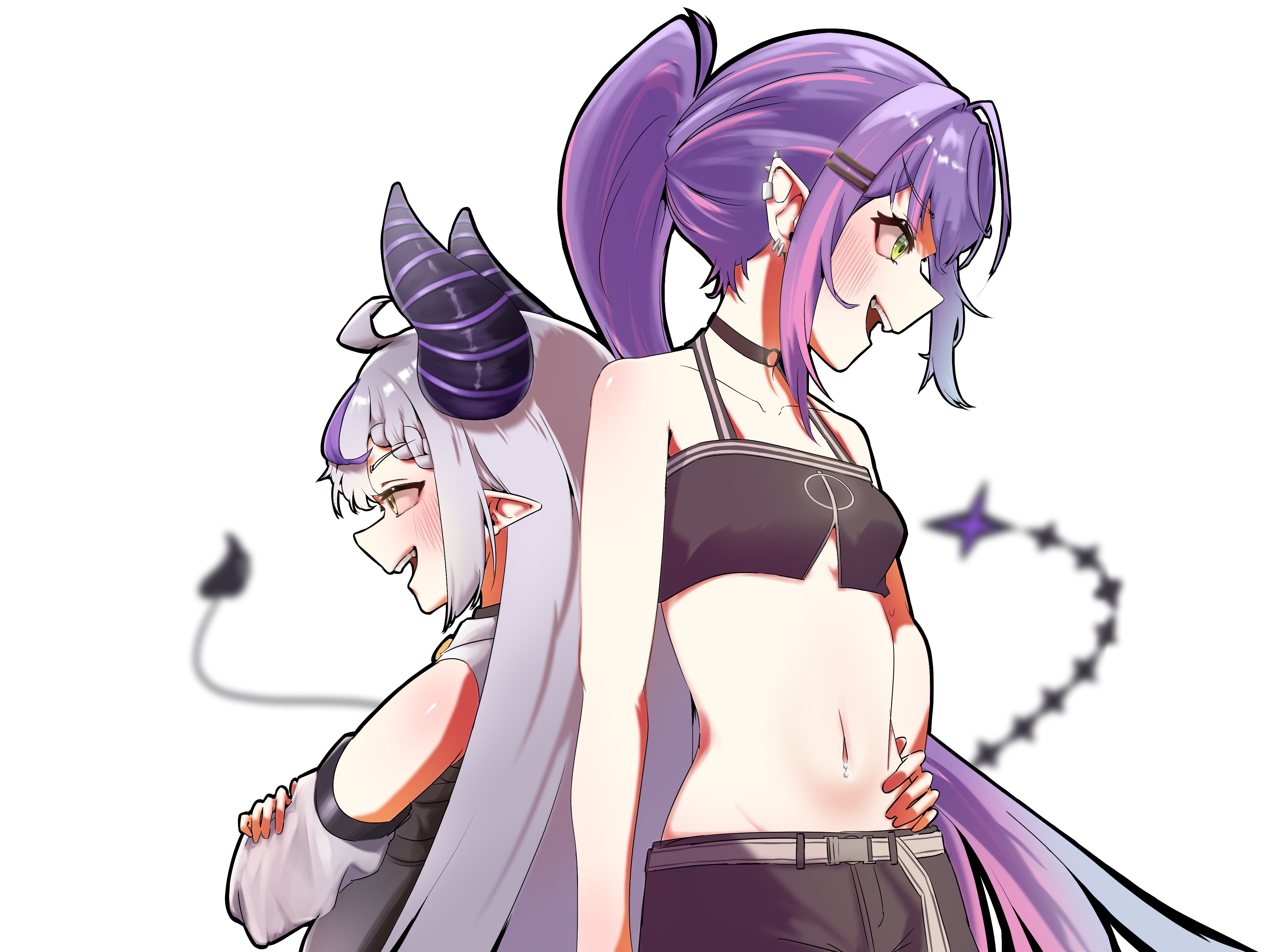 buibui, la+ darknesss, tokoyami towa, hololive, absurdres, highres, 2girls, ahoge, blush, braid, breasts, choker, demon girl, demon horns, detached sleeves, ear piercing, grey hair, hair between eyes, horns, long hair, long sleeves, multicolored hair, multiple girls, navel, open mouth, piercing, pointy ears, ponytail, purple hair, small breasts, streaked hair, striped horns, tail, very long hair, virtual youtuber, white background, yellow eyes