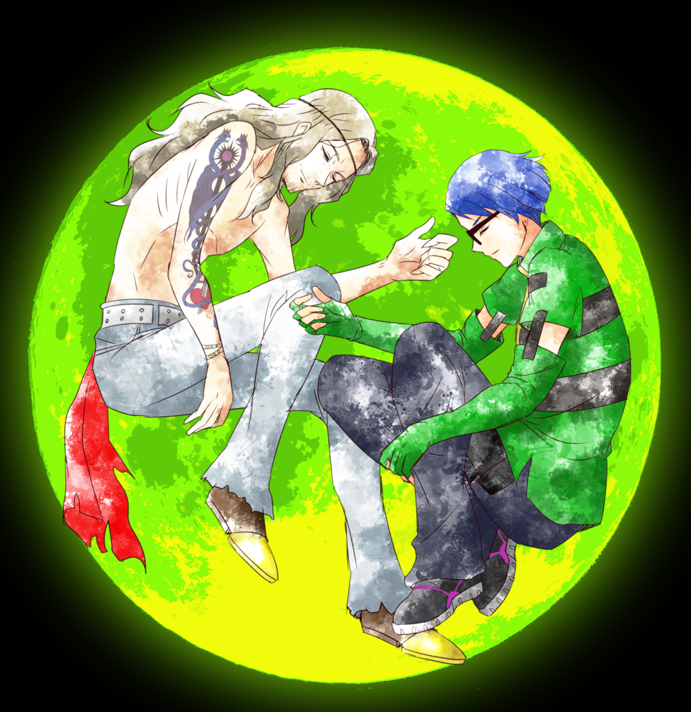sakaki takaya, shirato jin, persona, persona 3, commentary request, 2boys, arm tattoo, belt, black-framed eyewear, black background, black pants, black shoes, blue hair, blue pants, brown shoes, closed eyes, closed mouth, detached sleeves, facial hair, facing another, fingerless gloves, from side, full body, glasses, gloves, glowing, goatee stubble, green jacket, green moon, jacket, legs folded, long hair, male focus, moon, multiple boys, mustache stubble, pants, profile, shoes, sidelocks, smile, striped clothes, striped jacket, stubble, tattoo, topless male, white belt, white hair, yumerabi