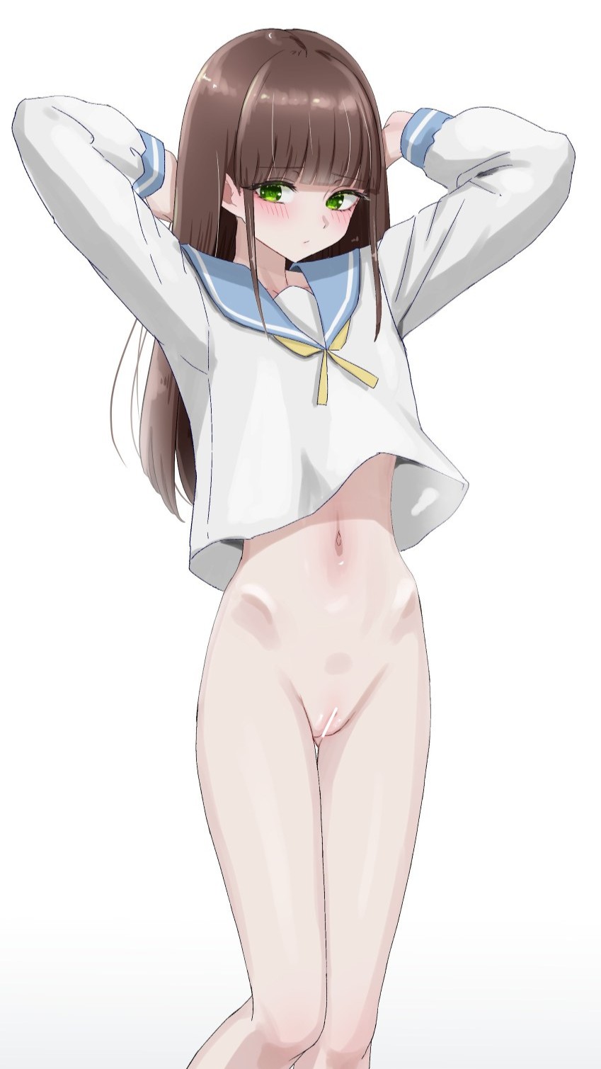 mustee, original, highres, variant set, 1girl, arms behind head, bar censor, blouse, blue sailor collar, blunt bangs, blush, bottomless, brown hair, censored, cleft of venus, closed mouth, embarrassed, green eyes, hip bones, long hair, long sleeves, looking at viewer, neckerchief, pussy, raised eyebrows, ribbon, sailor collar, sailor shirt, school uniform, serafuku, shirt, sidelocks, simple background, skinny, solo, standing, white background, white serafuku, winter uniform
